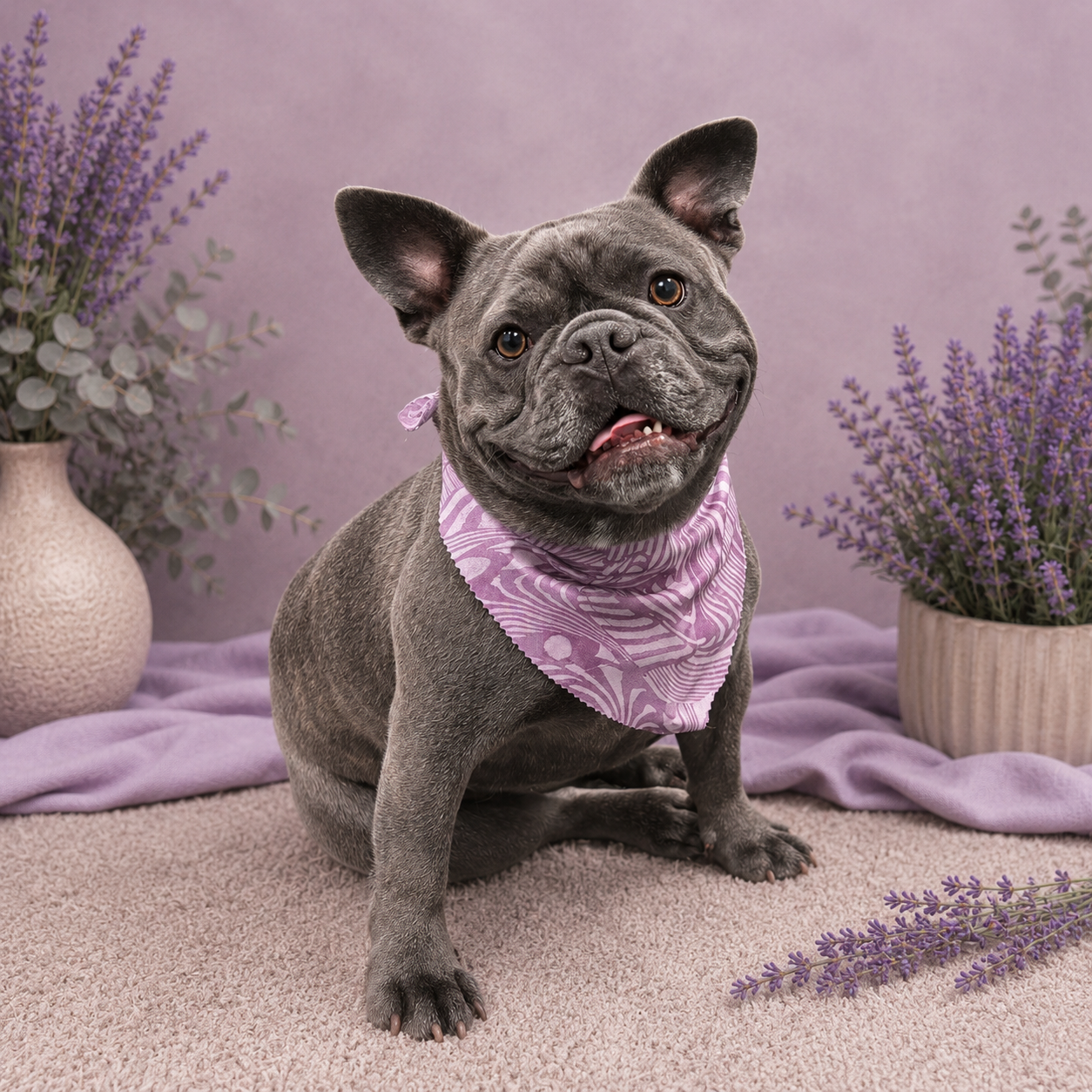 A happy gray French Bulldog wearing a pink bandana, sitting on pink carpet with lavender flowers in vases and pots in the background.