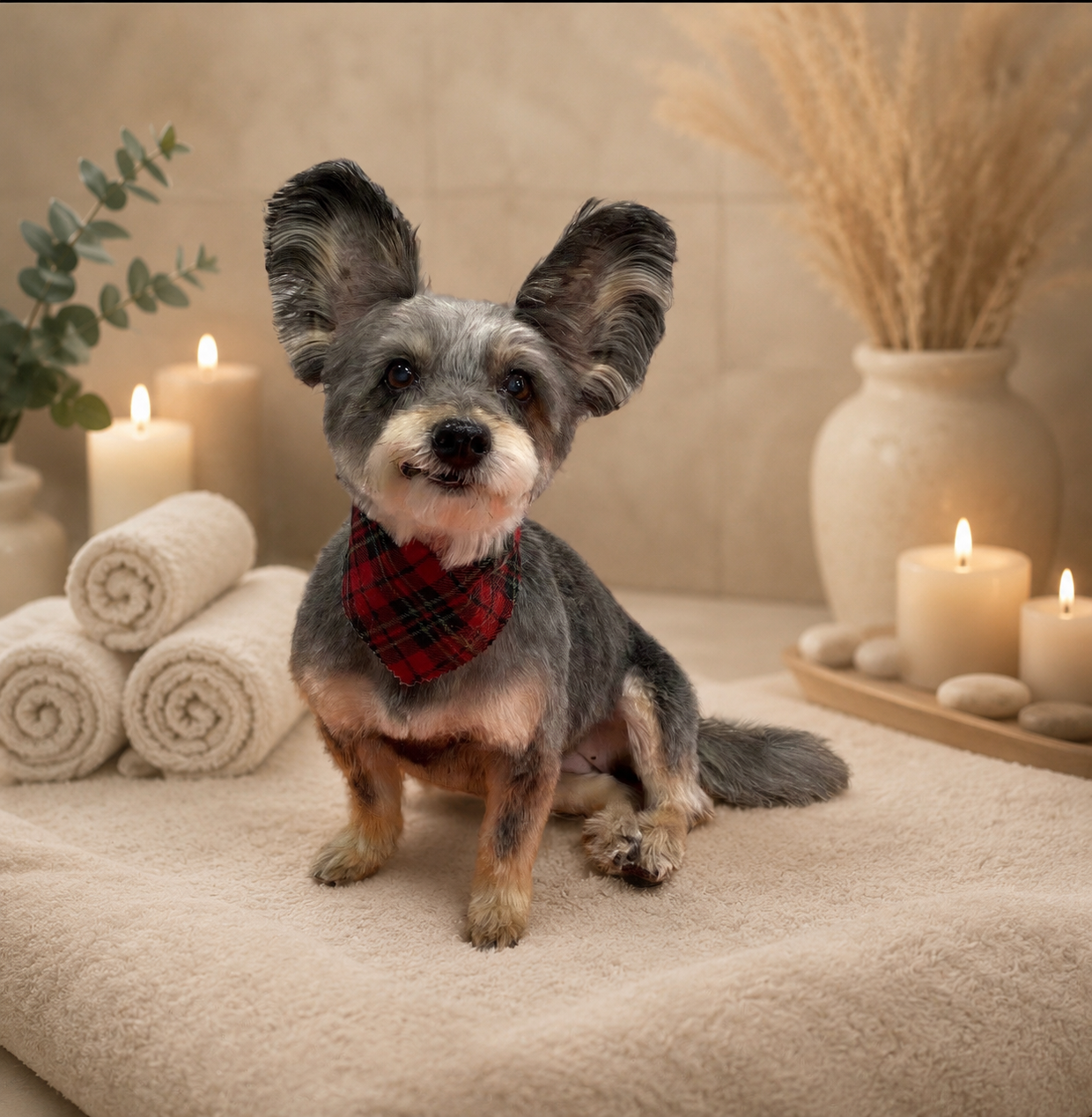 A small dog with large ears and gray fur sitting on a beige towel in a spa-like setting with candles, rolled towels, and a large vase with dried plants in the background.