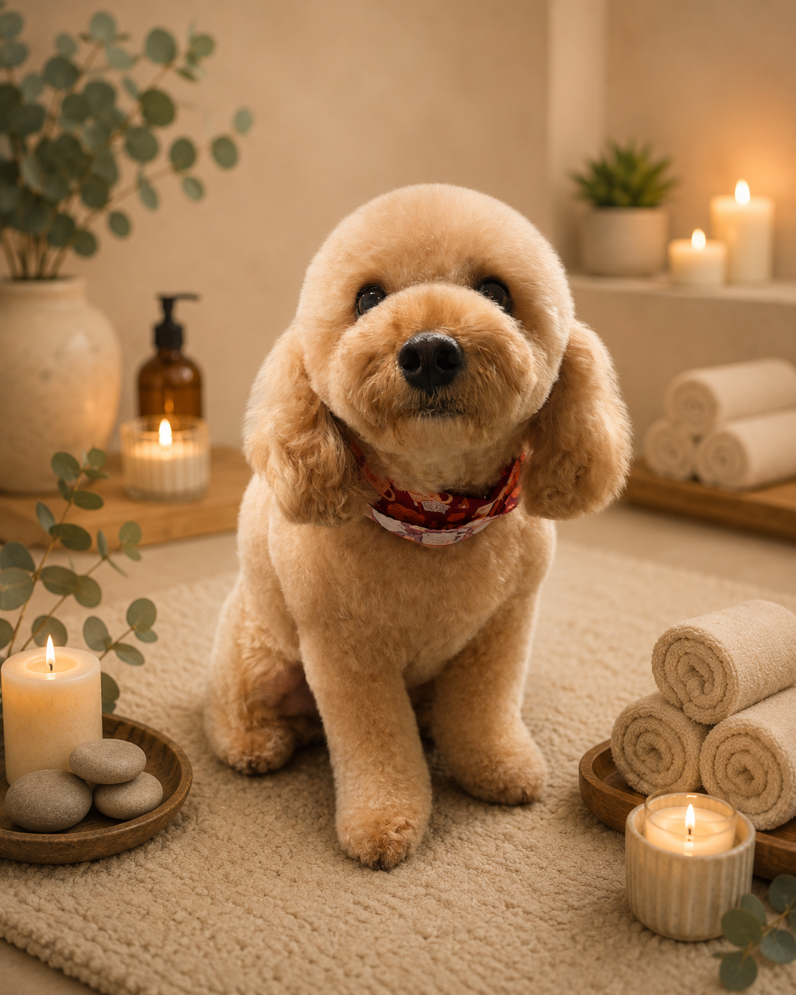 A cute, fluffy beige dog wearing a floral bandana sitting on a beige rug in a cozy room decorated with candles, rolled towels, and green plants.