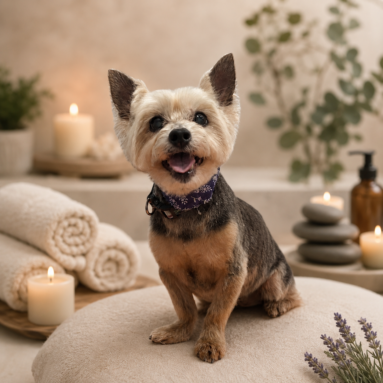 A small dog with a bandana around its neck sitting on a round cushion in a cozy spa-like setting with candles, rolled towels, a plant, and decorative stones in the background.