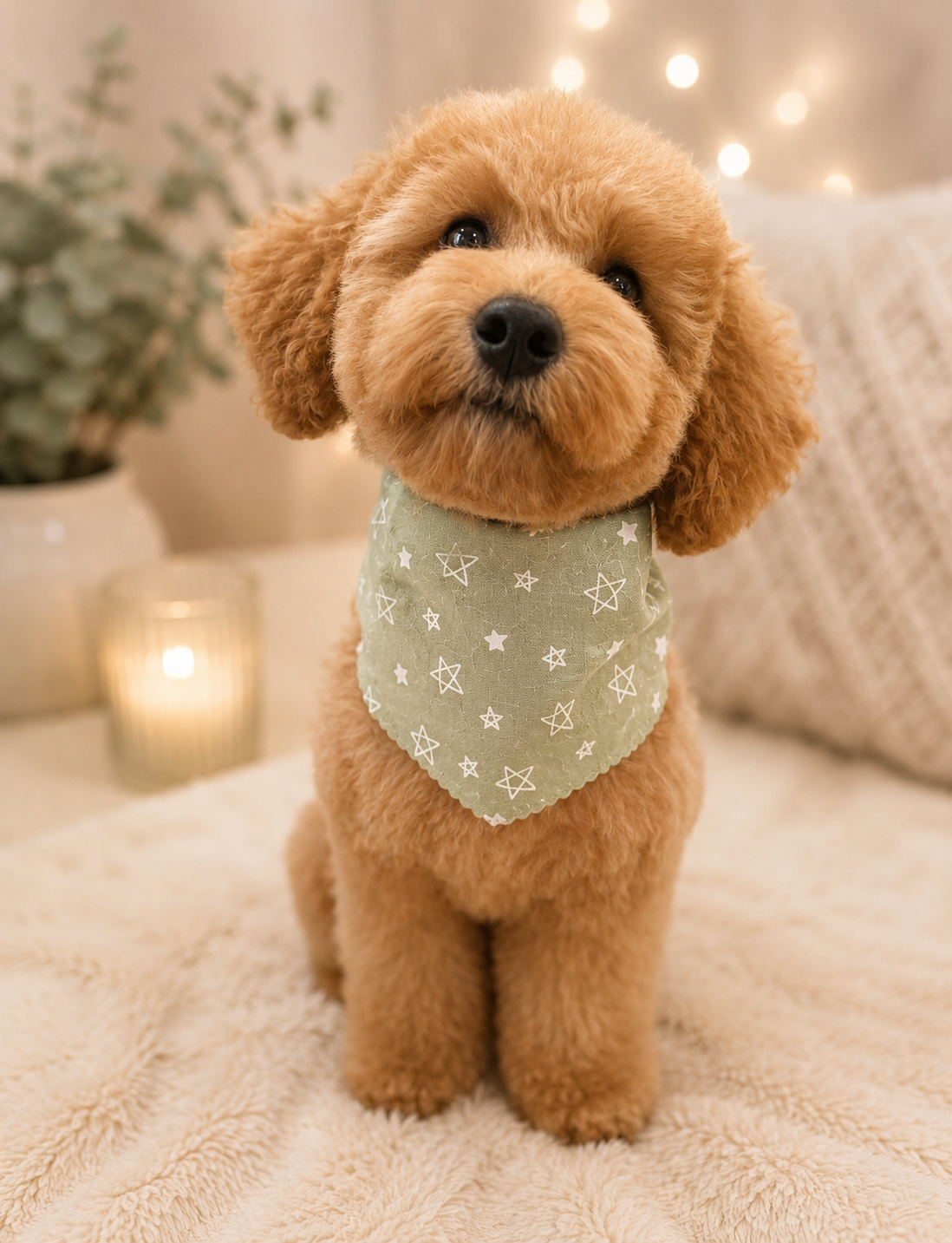Cute brown poodle puppy with a green star-patterned bandana, sitting on a soft beige blanket with a blurred background of warm lights and a candle.