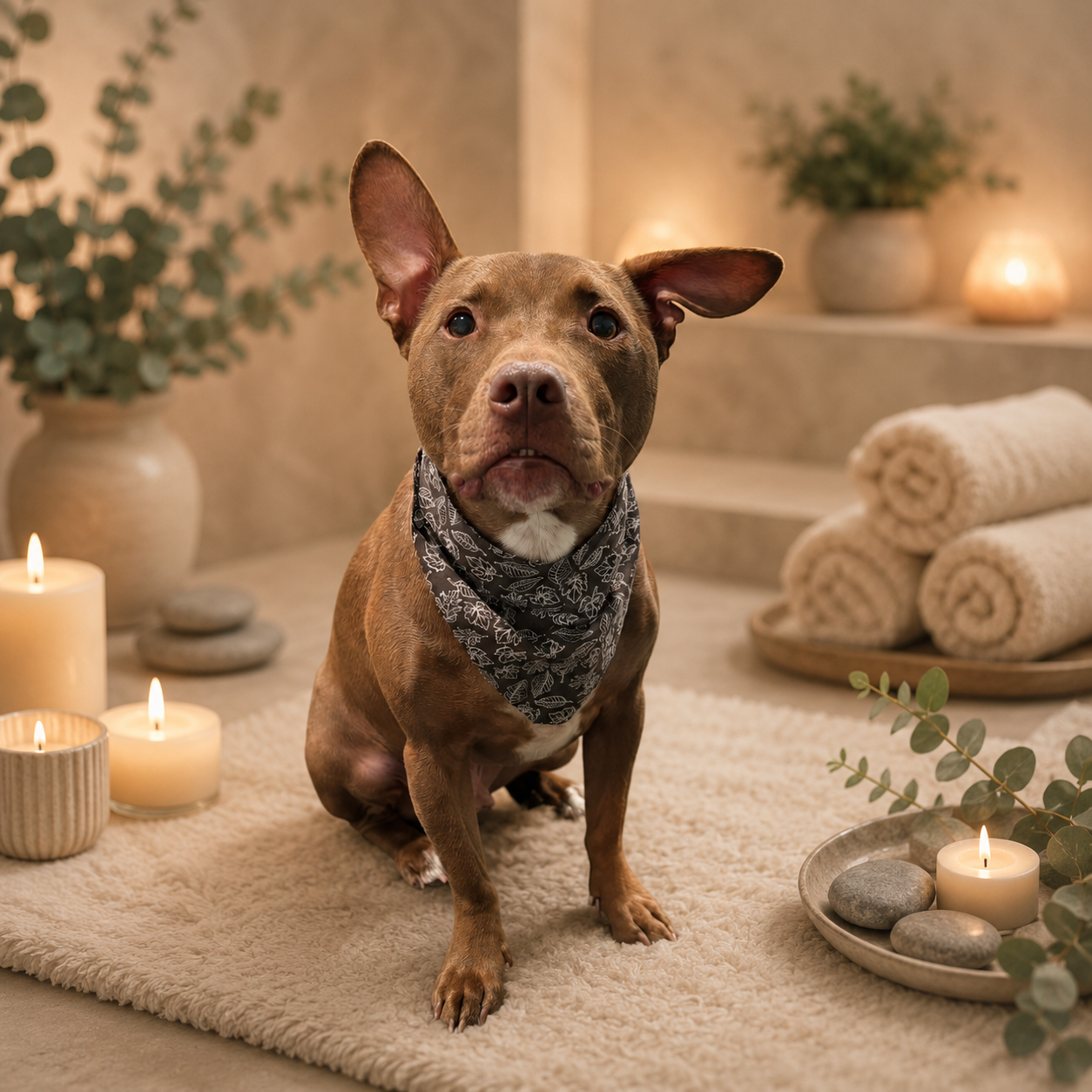 A cute brown pitbull dog sitting on a soft beige rug in a relaxing, cozy room with candles, rolled towels, and greenery, wearing a patterned bandana.