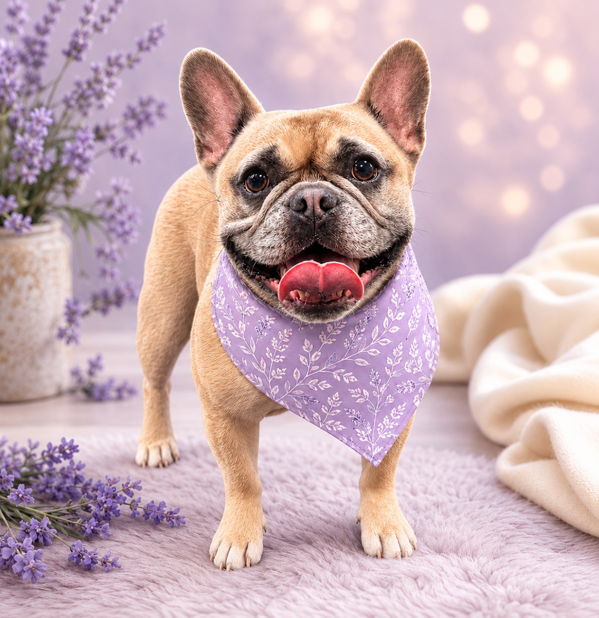 A smiling French Bulldog wearing a purple bandana, standing on a soft pink surface with purple flowers in a vase and a cream blanket in the background.
