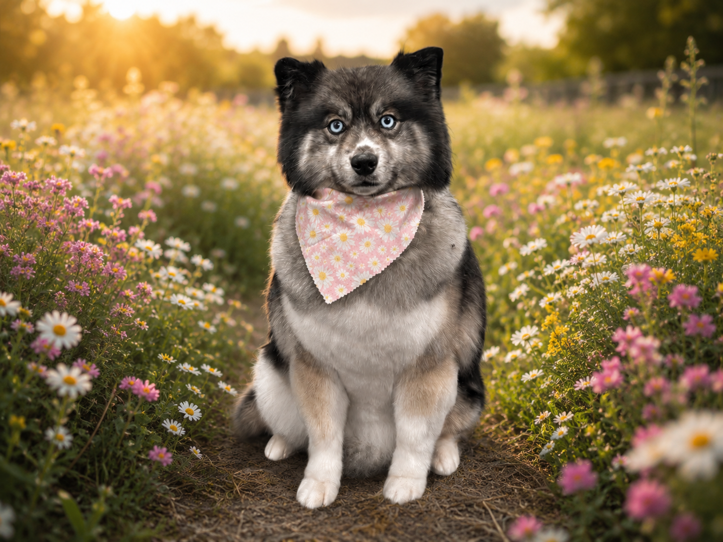 A cute husky puppy with blue eyes sitting on a dirt path in a flower field during sunset, wearing a pink floral bandana.
