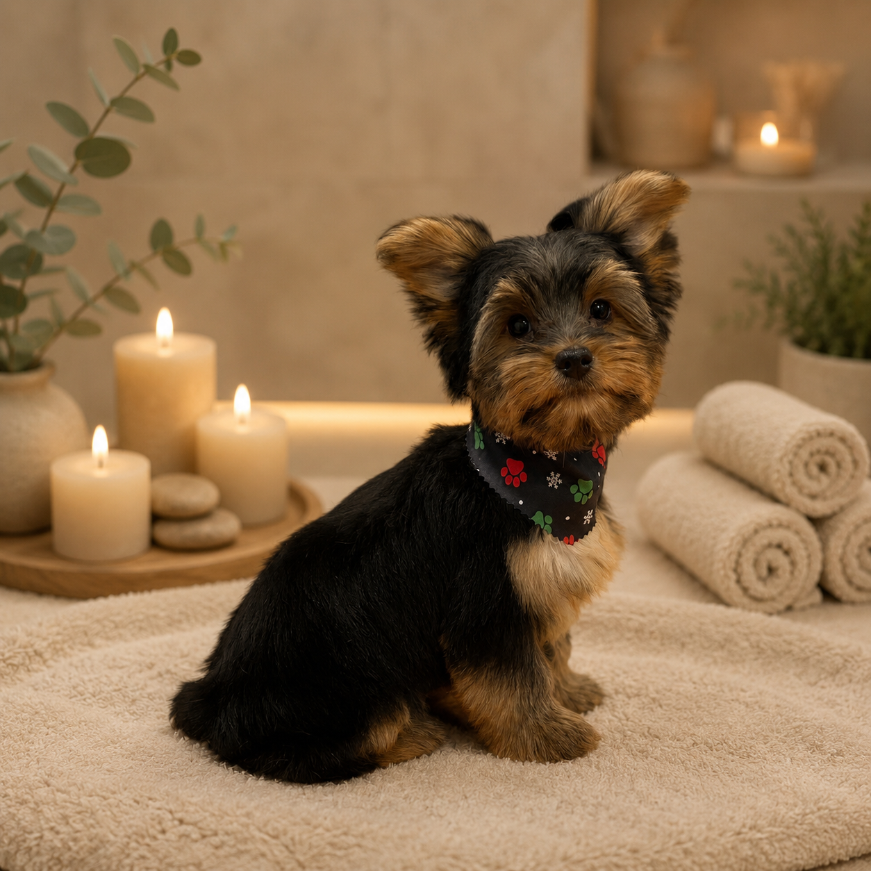 A cute puppy with black and brown fur, sitting on a soft beige towel in a cozy setting. The puppy is wearing a black bandana with red and green paw prints. Behind the puppy, there are candles, rolled towels, and potted plants, creating a relaxing spa-like atmosphere.