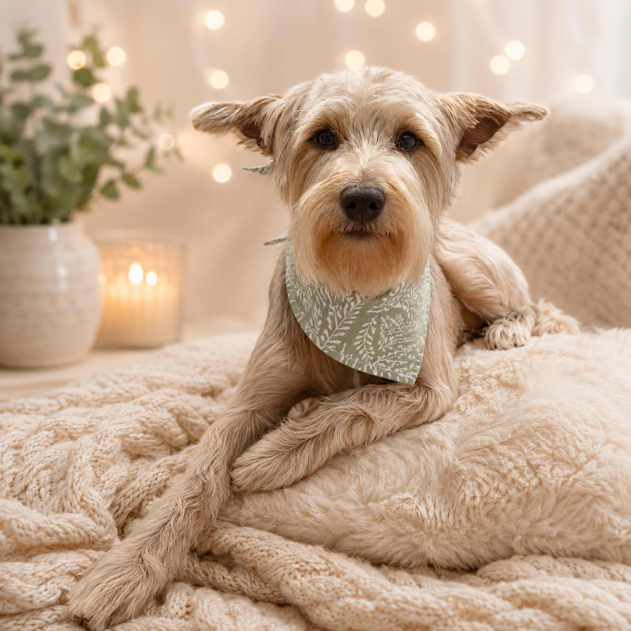 A tan dog with a beard and a green patterned bandana lying on a cozy cream-colored blanket in a warmly lit room with a potted plant and candles in the background.