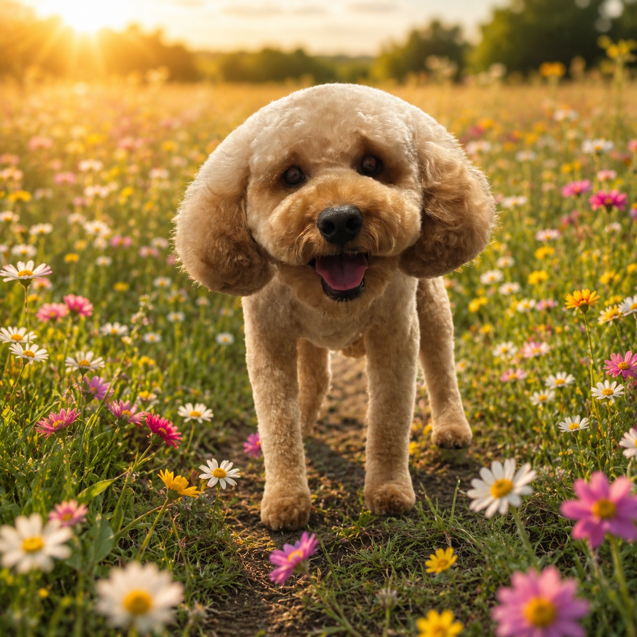 A happy poodle dog standing on a flower trail in a field of daisies and pink, yellow, and white flowers during sunset.