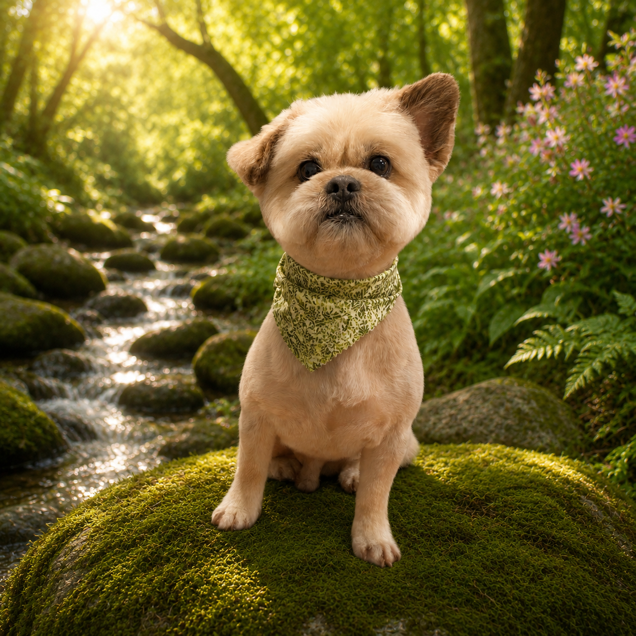 A small dog with a beige coat and a green patterned bandana sitting on a moss-covered rock in a lush forest with a stream and blooming flowers in the background.
