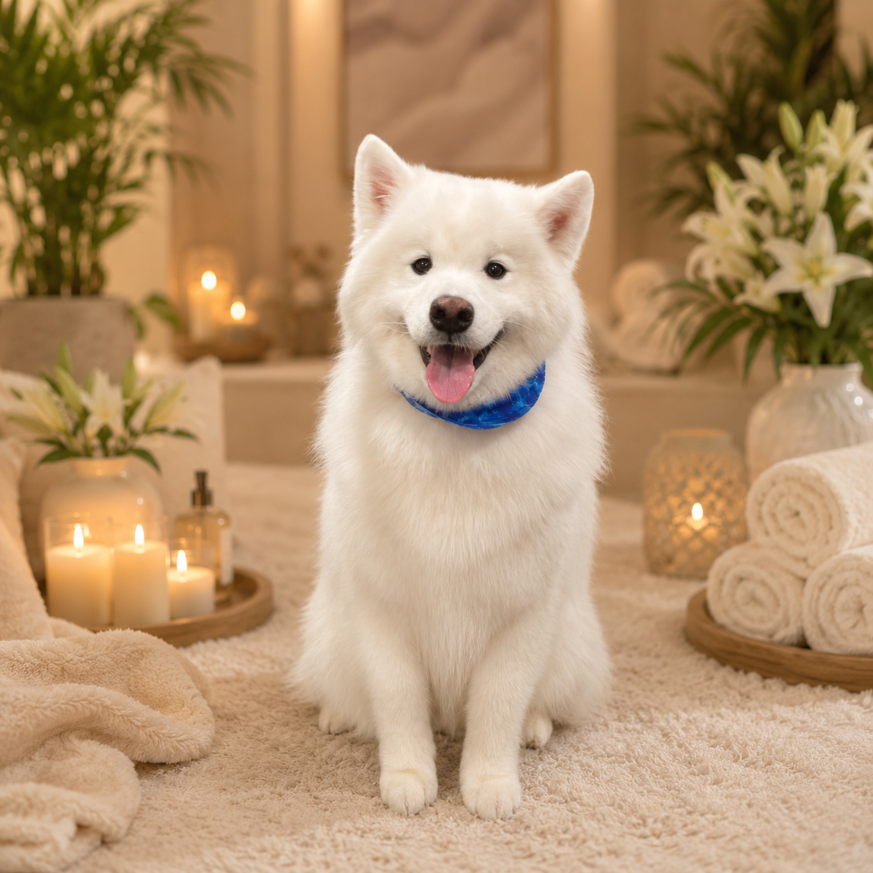 A happy white dog with a blue bandana sitting on a beige rug in a cozy room with candles, rolled towels, and lilies in the background.
