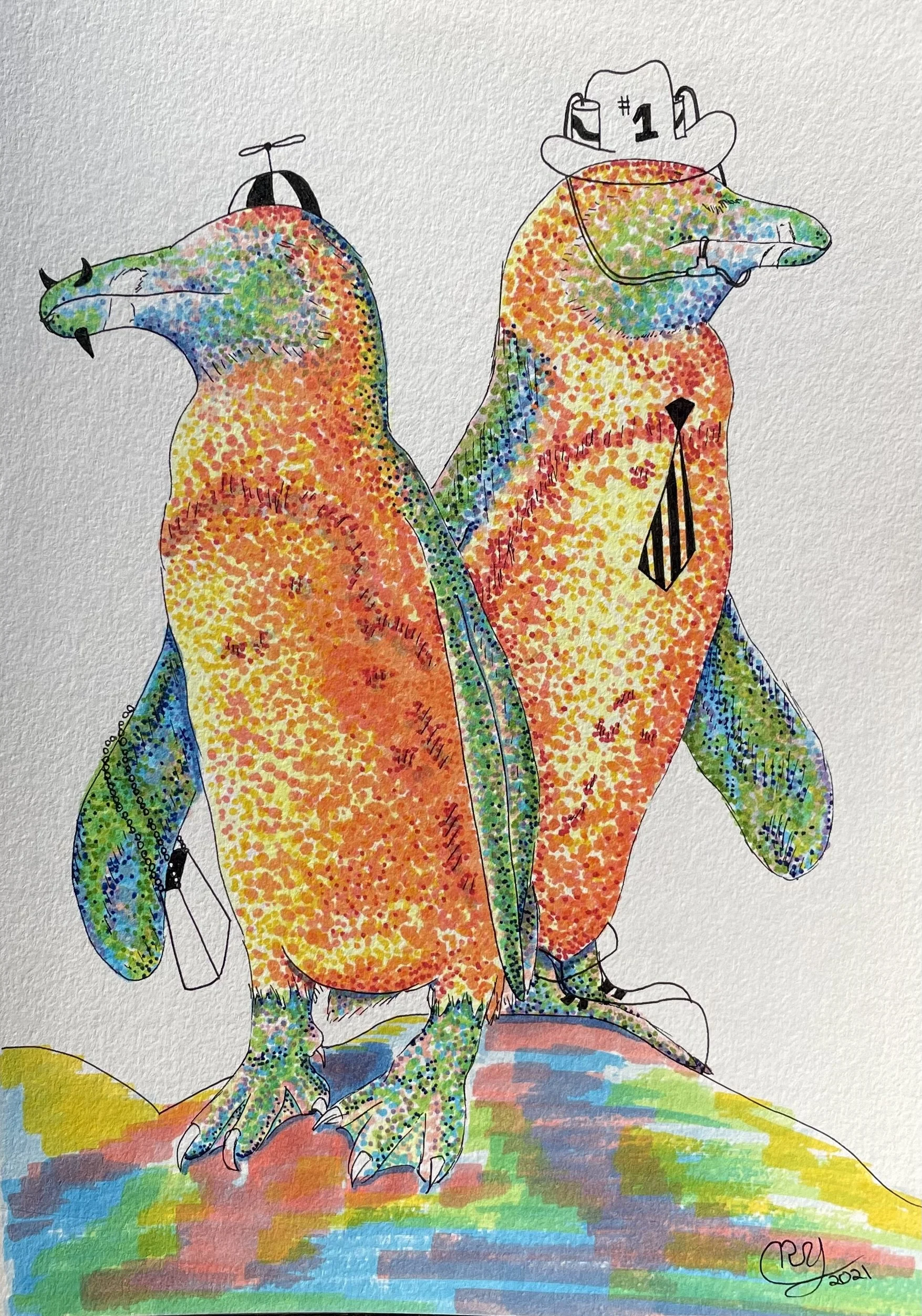 Colorful drawing of penguins wearing silly accessories, like a cowboy hat, helicopter hat, tie, purse, large clown shoes, standing on a colorful landscape with a rainbow-like ground.