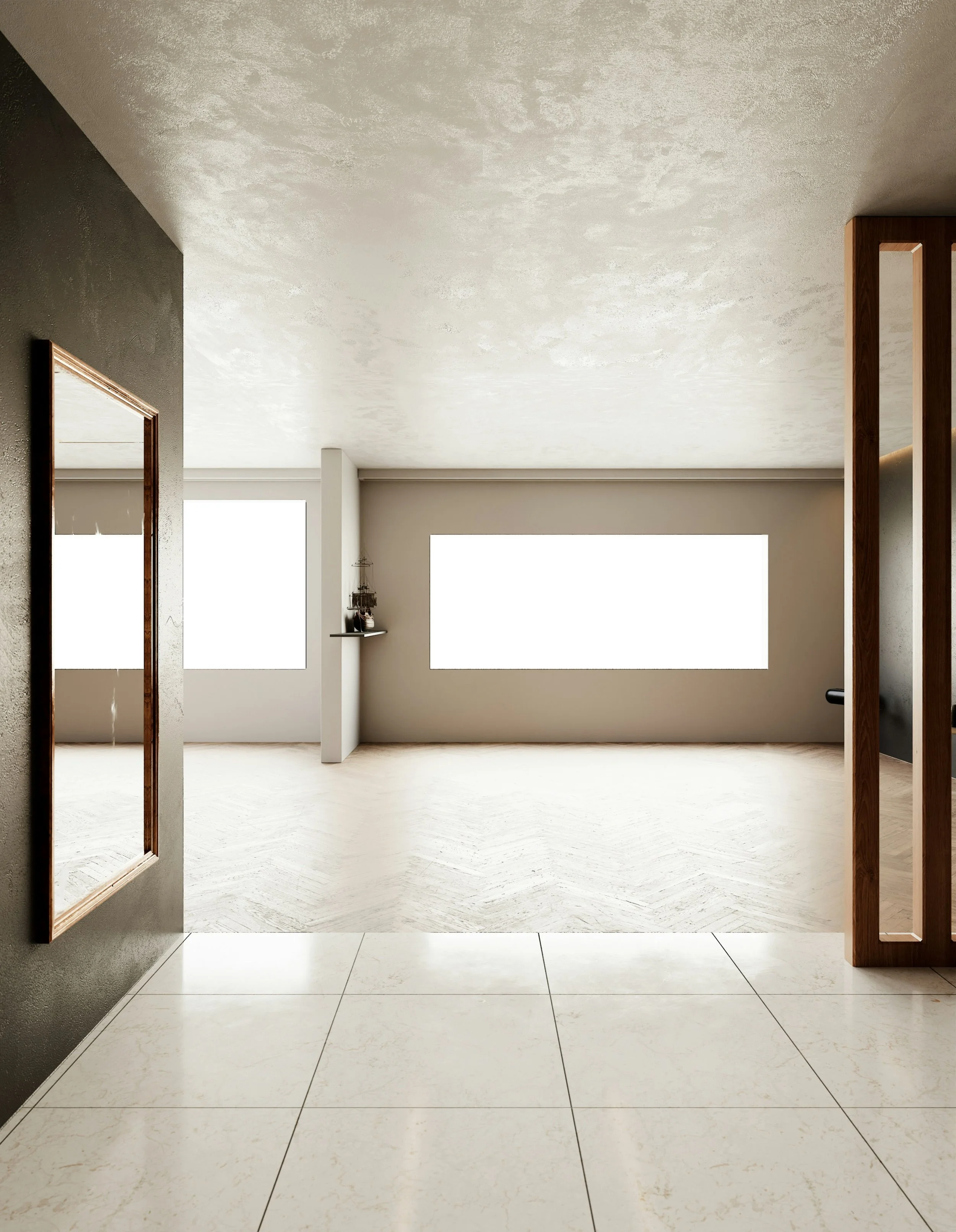 Interior view of a modern, minimalist living space with large white marble tile flooring, open doorways, and a partial view of a shelf with nautical figurines, featuring light and neutral colors.