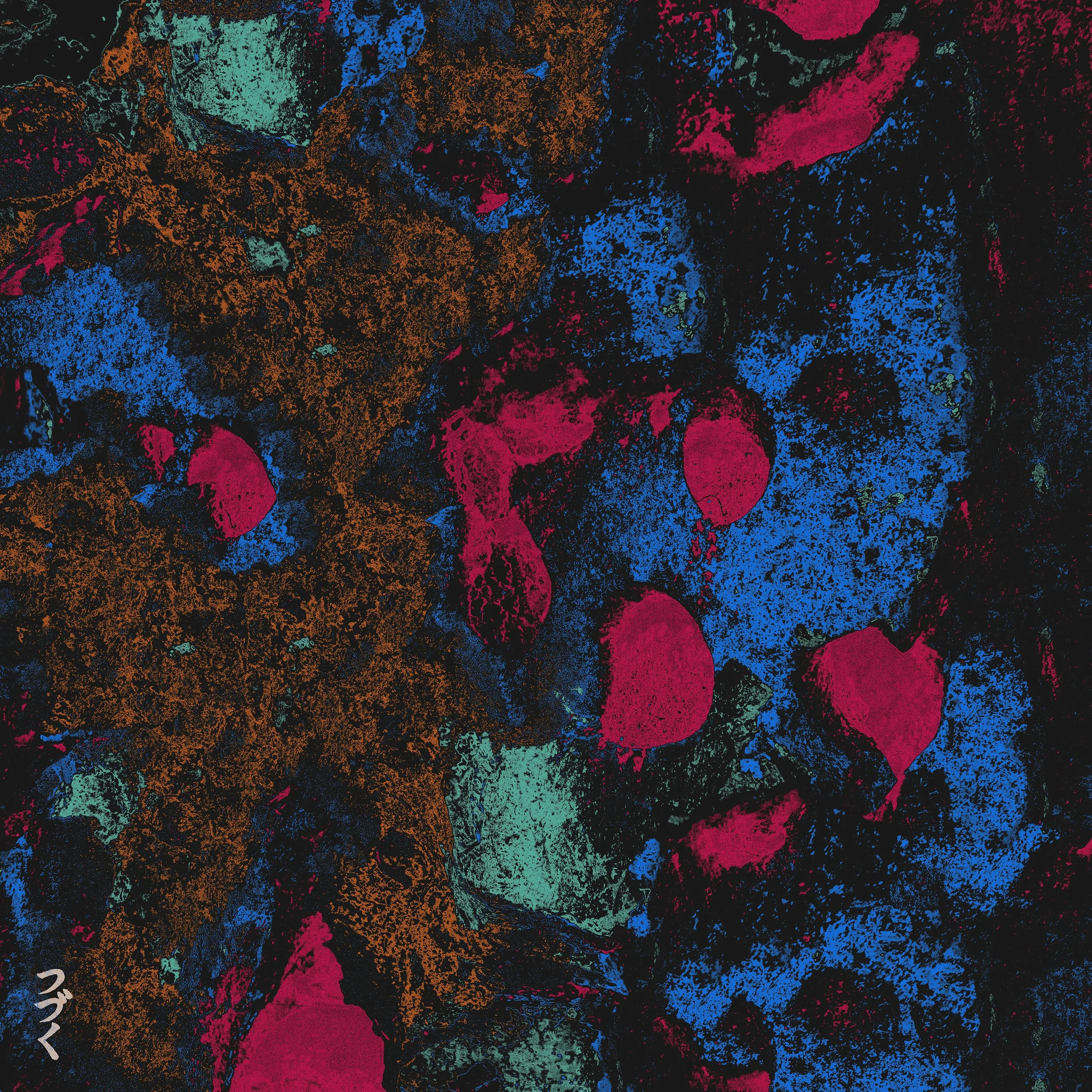 Close-up of a colorful abstract textured surface with splashes of red, blue, orange, and teal on a dark background.
