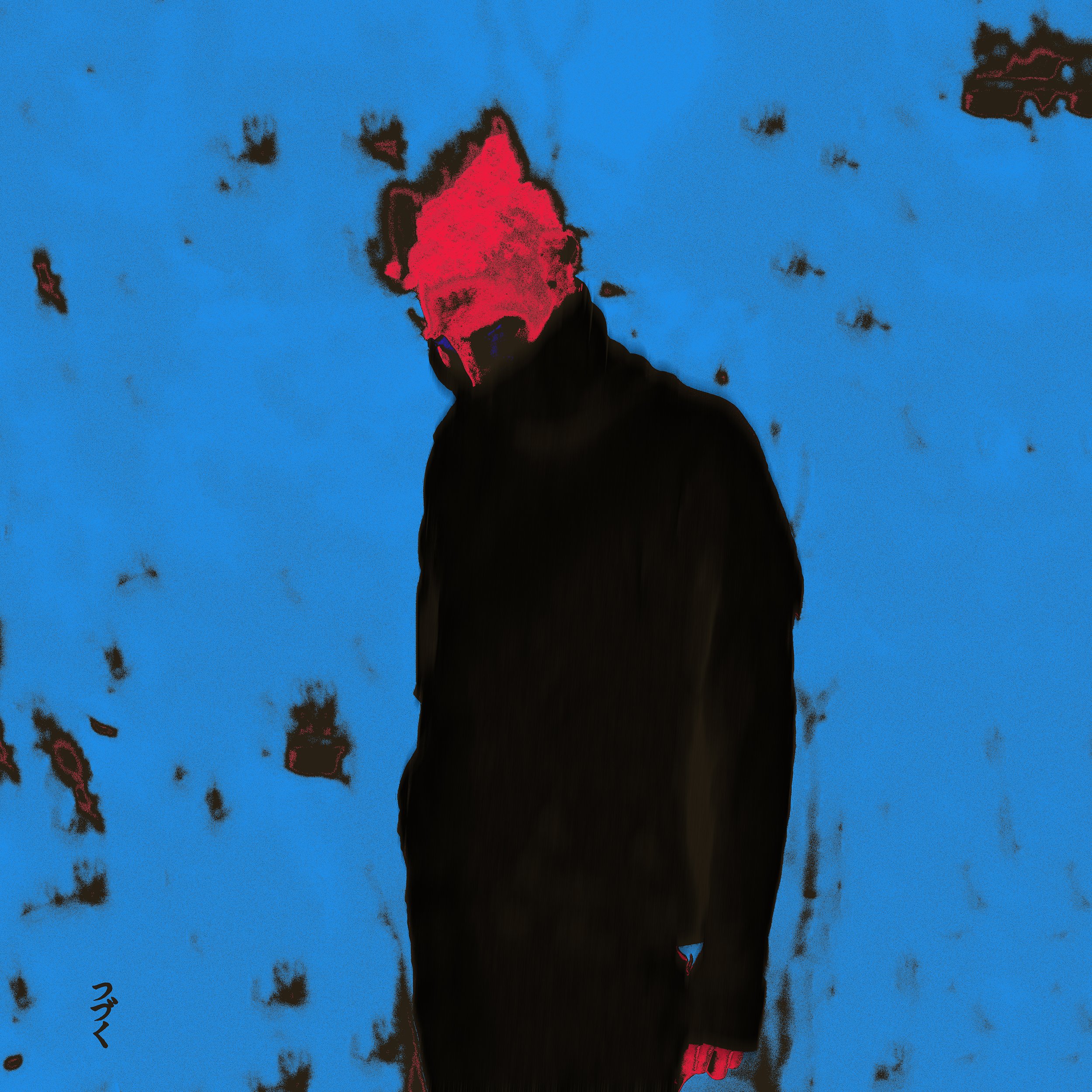 A person with bright red hair and black clothing stands against a blue background with black splatters.