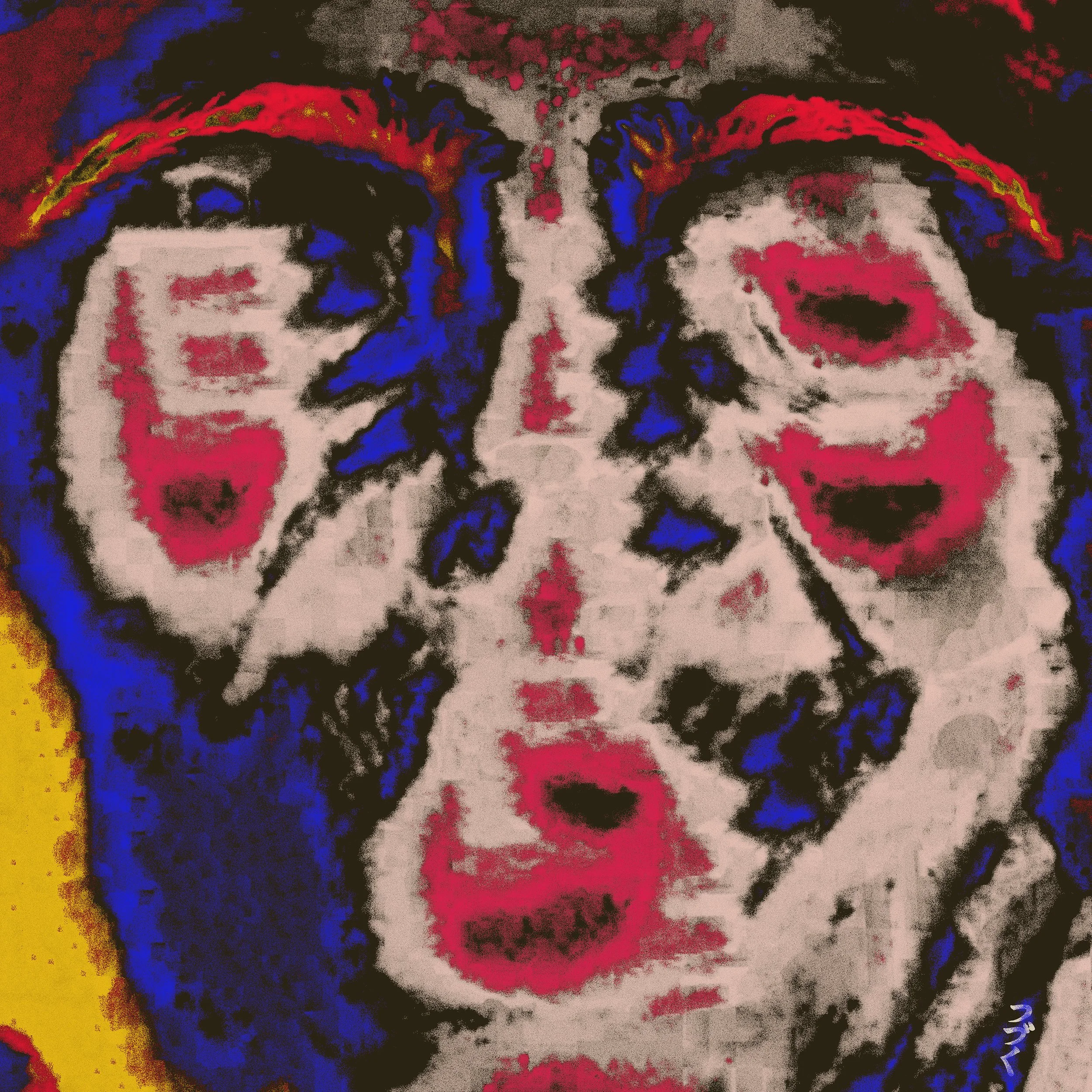 Colorful, abstract close-up of a tattooed face with prominent eyes, red, blue, yellow, black, and white ink blending together.