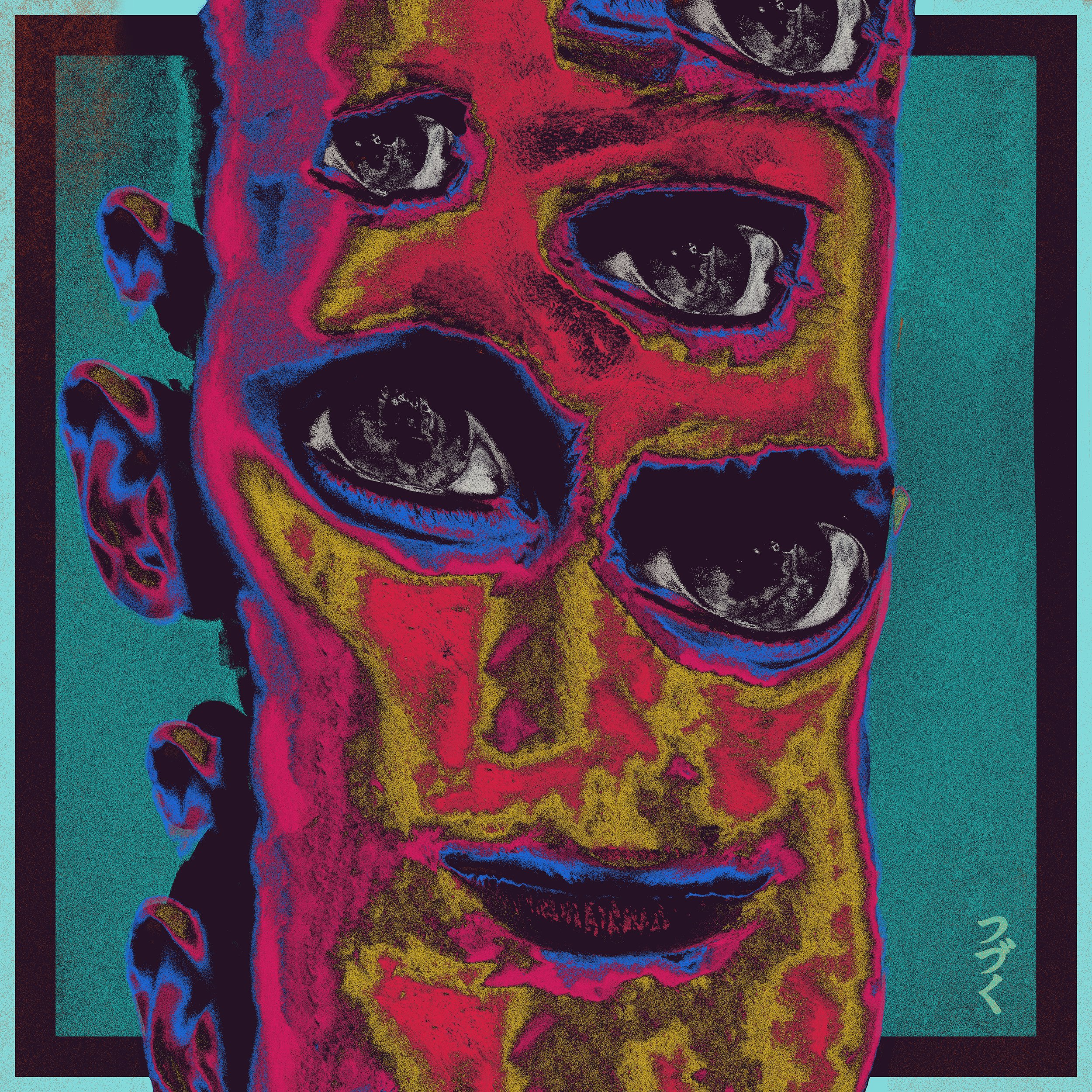 A digitally edited, colorful portrait of a person's face with exaggerated features, including large black eyes and bright hues of pink, yellow, blue, and green, with a textured, abstract style.