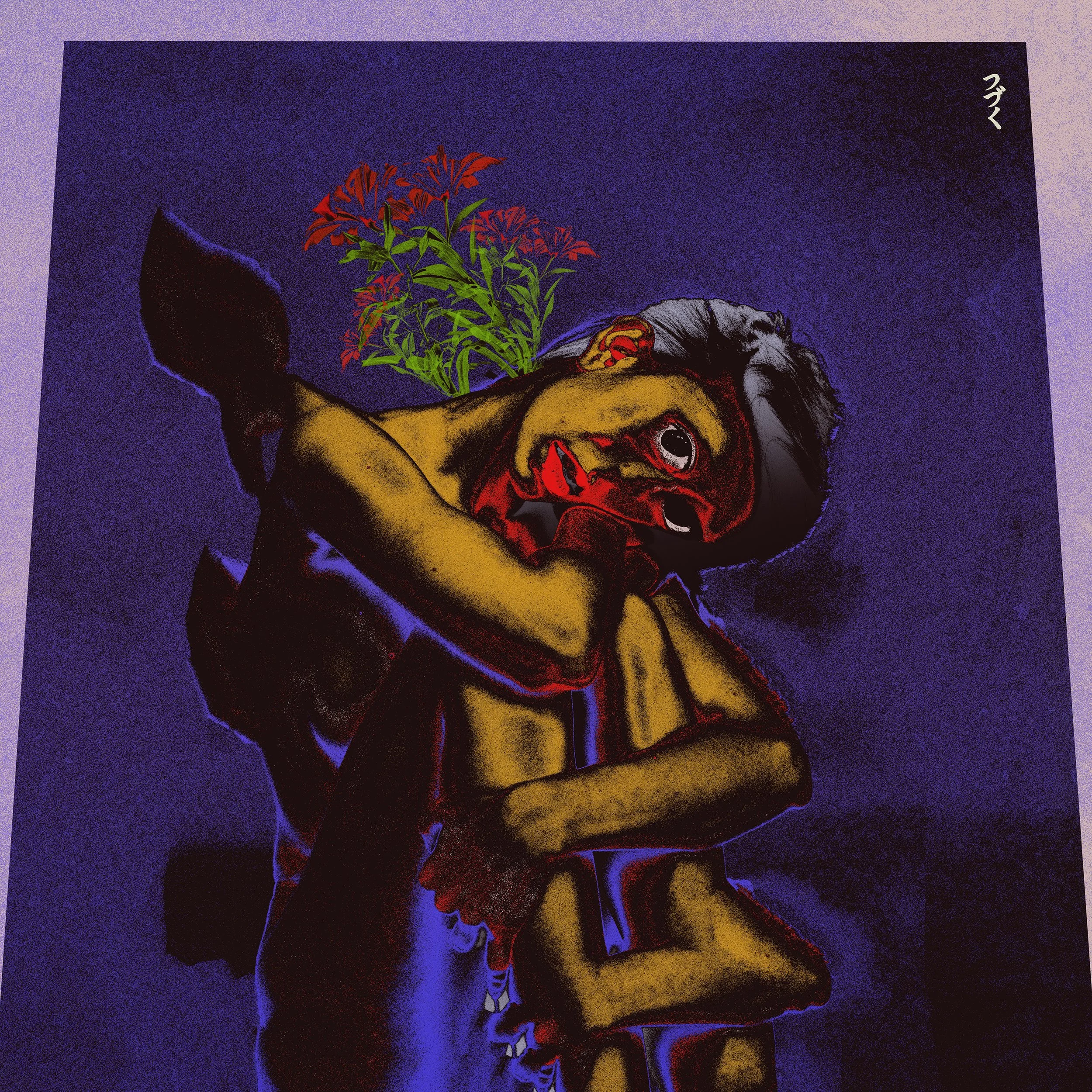 Colorful poster featuring a stylized illustration of a person with long gray hair, wearing a red mask, featuring a large smiling mouth, surrounded by vibrant red and green plants, set against a dark purple background.