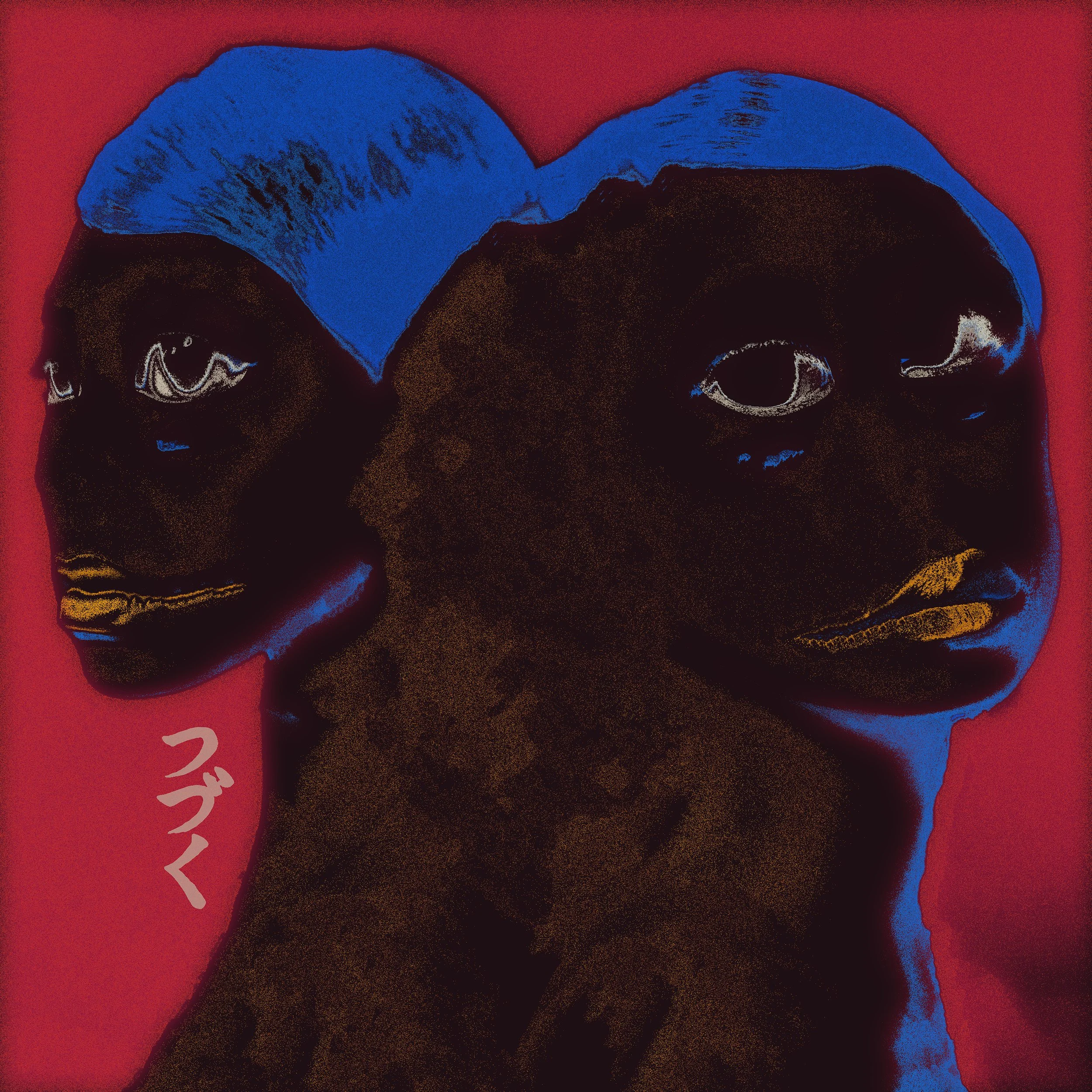 A stylized, digital artistic image of a person's face with closed eyes, dark skin, and blue highlights on the hair and facial features, set against a red background.
