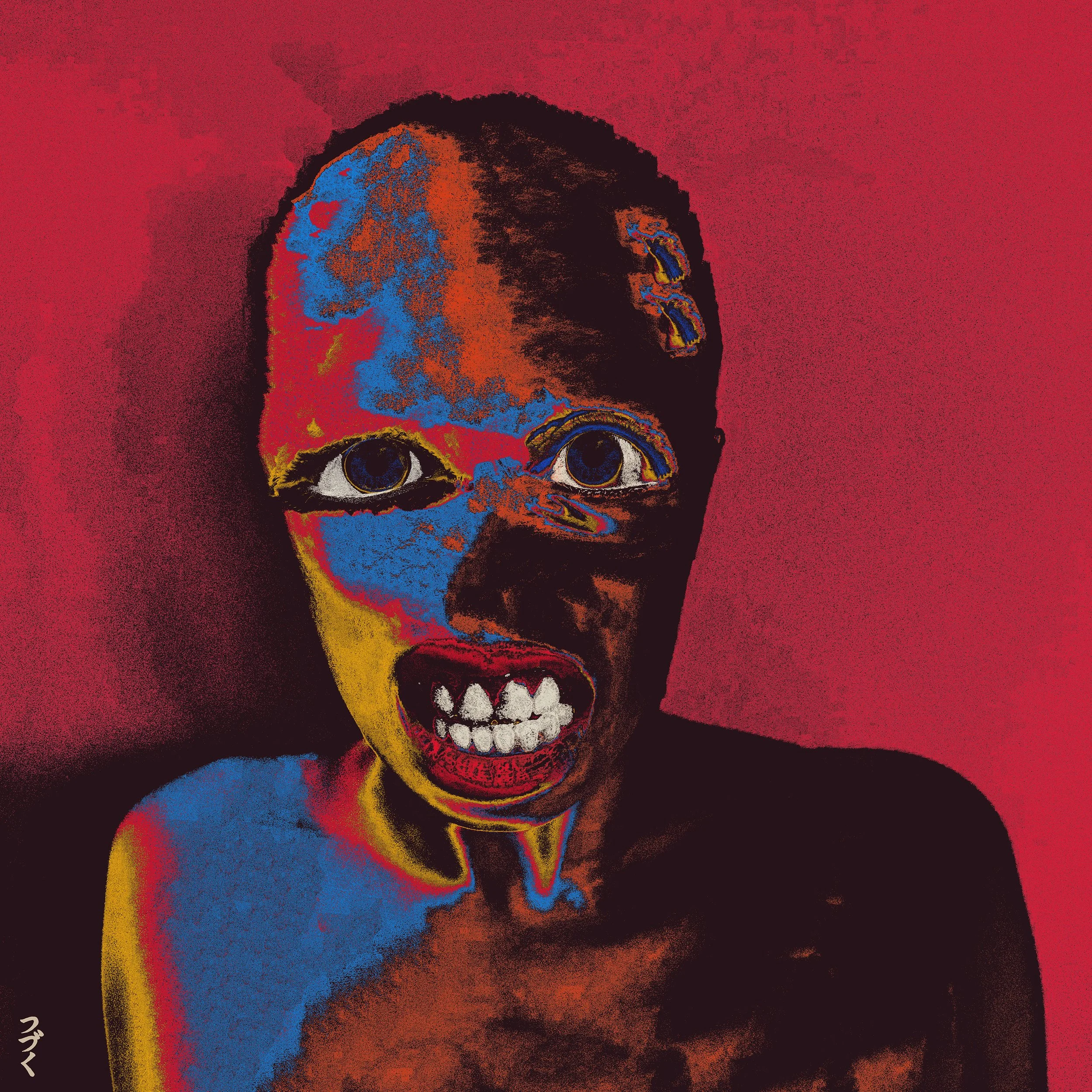 A colorful, stylized depiction of a skull with a child's face, set against a dark background with a red hue. The artwork features vibrant colors, including blue, orange, and yellow, with some Japanese characters in the bottom left corner.