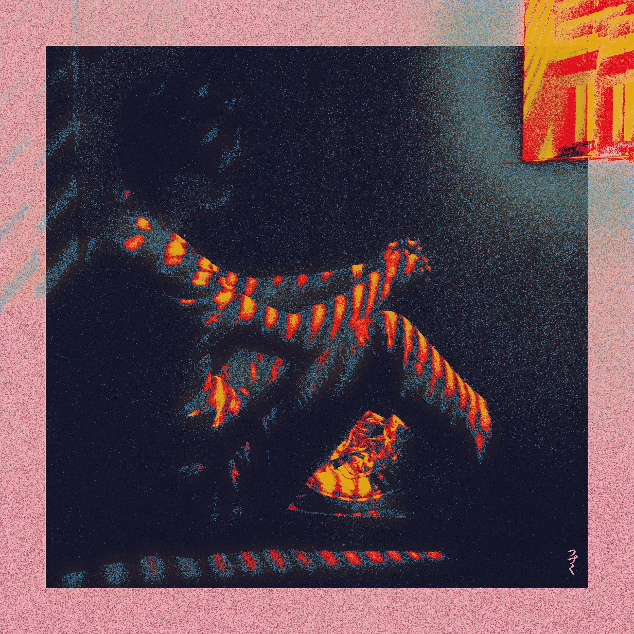 A digitally altered image of a skeleton wearing a striped orange and black hat, with the skeleton's teeth visible. The background is abstract with pink, blue, yellow, orange, teal, and grey colors, and there are Japanese characters in the bottom righ