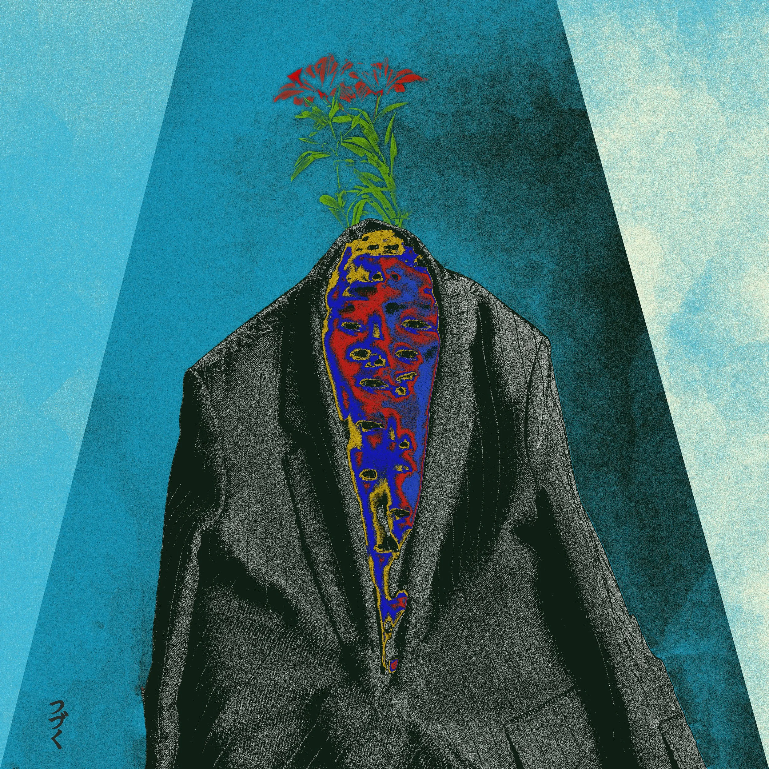A colorful, stylized illustration of a person with multiple faces on their face, holding a potted plant with red flowers and green leaves, against a blue background with textured shading.