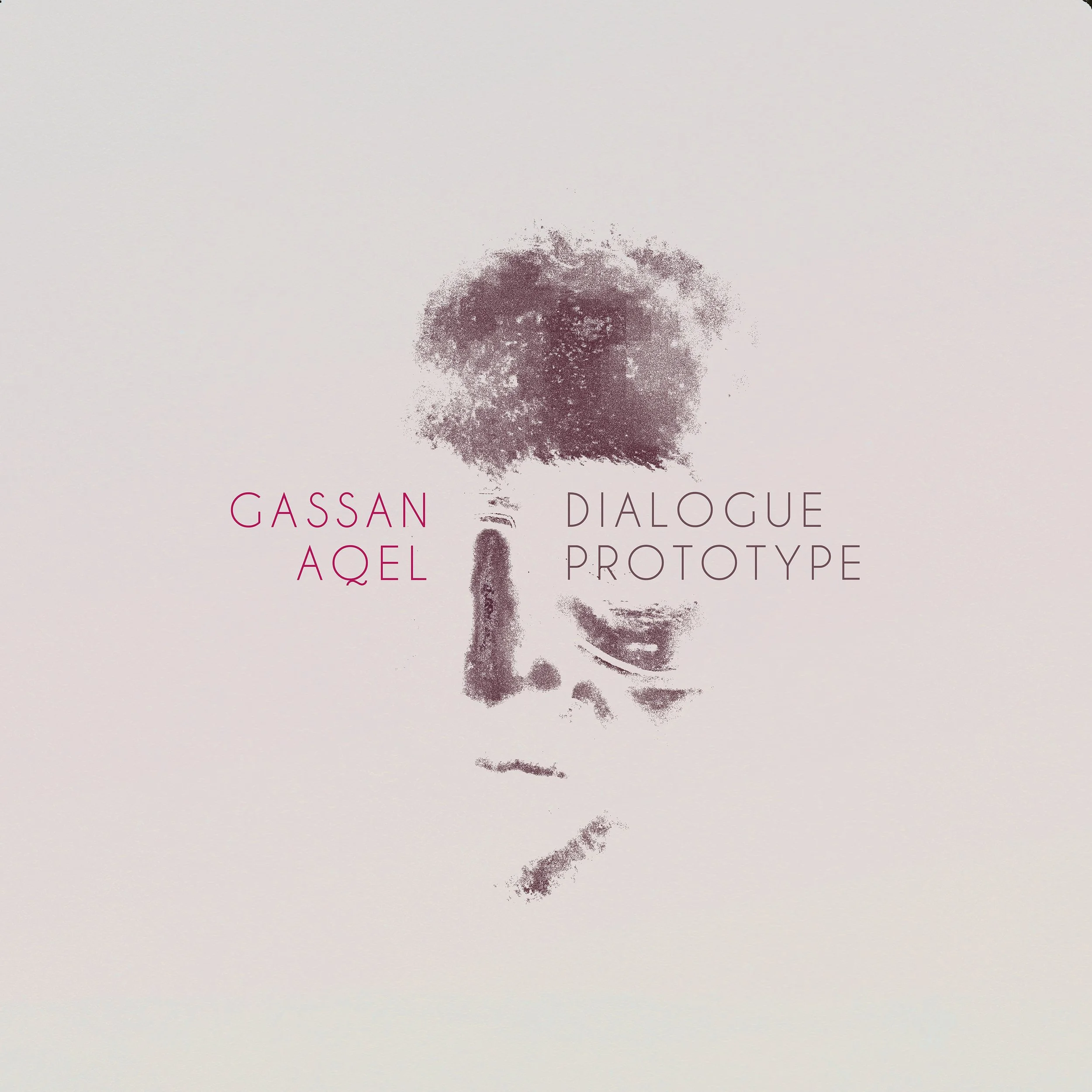 Abstract image of a tree or bush and scattered pink dots on a plain white background, with words like 'GASSAN', 'DIALOGUE', 'AQL', and 'PROTOTYPE' in pink and black text.