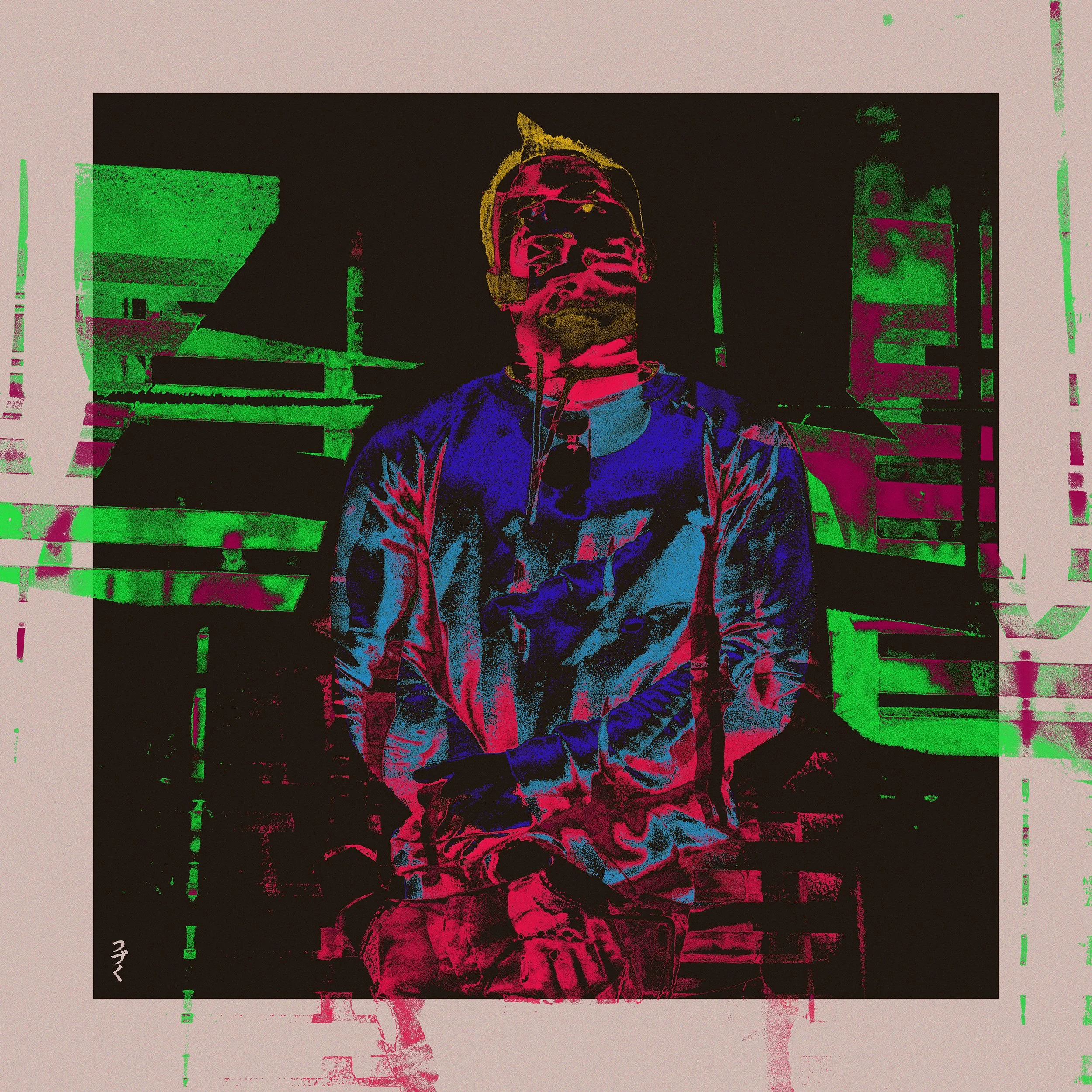 A person wearing glasses and a cap, taking a selfie with a smartphone, standing in front of a building during night time with a filter effect.
