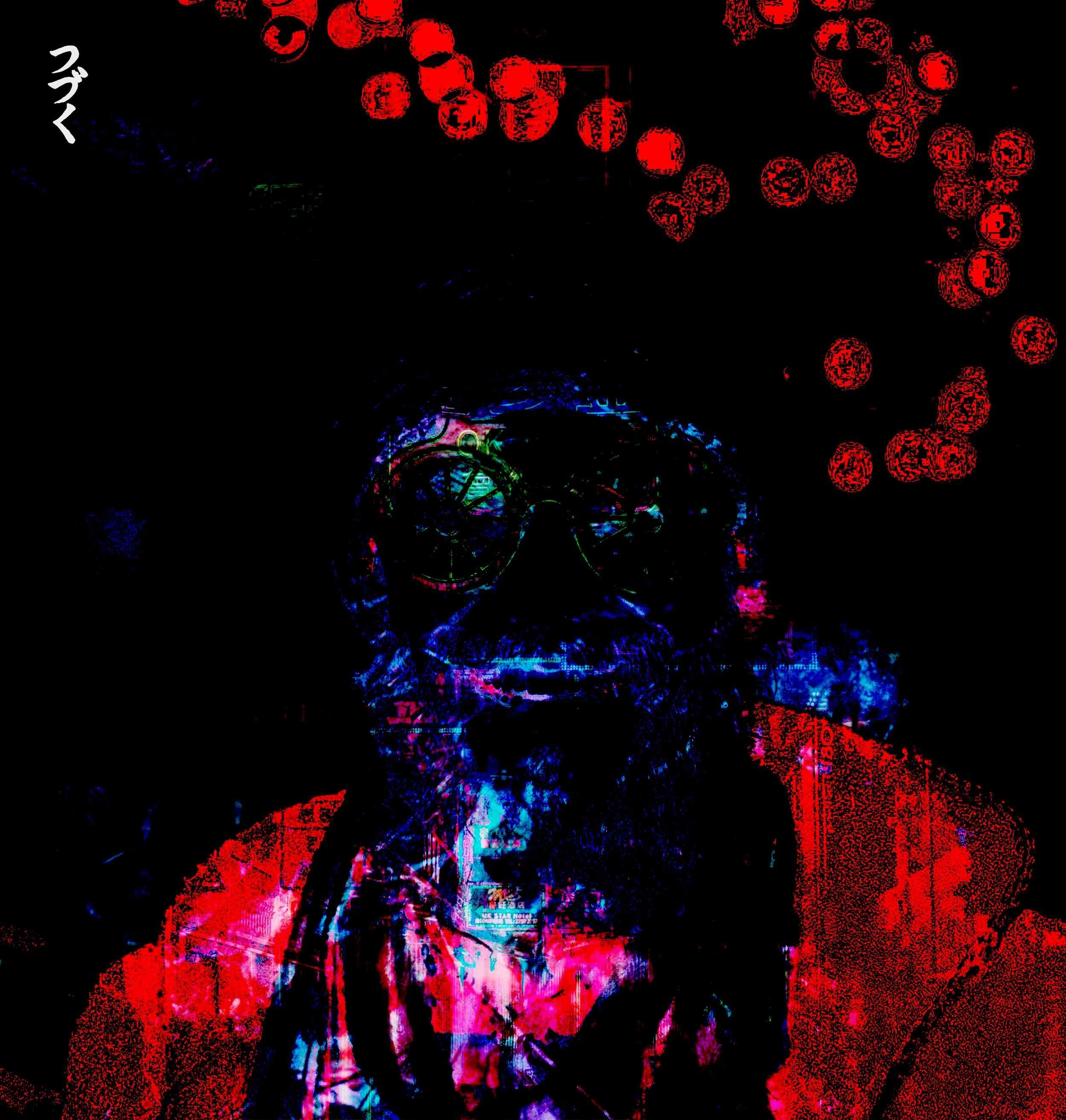 Abstract digital art with red, blue, and pink hues featuring distorted clock faces, neon lights, and Japanese characters.