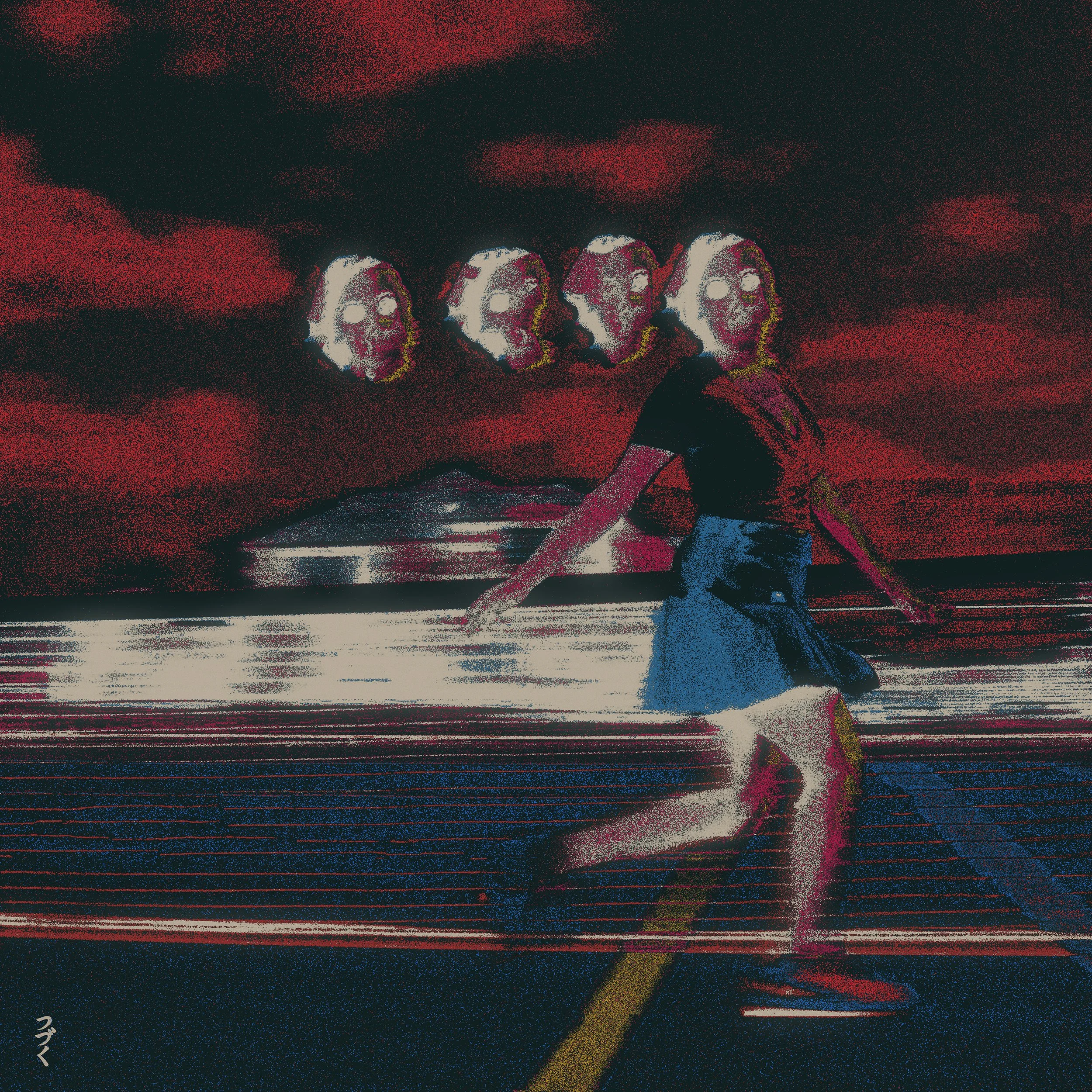 A line of five white skull masks with colorful details against a dark, textured background with red, blue, and yellow accents.