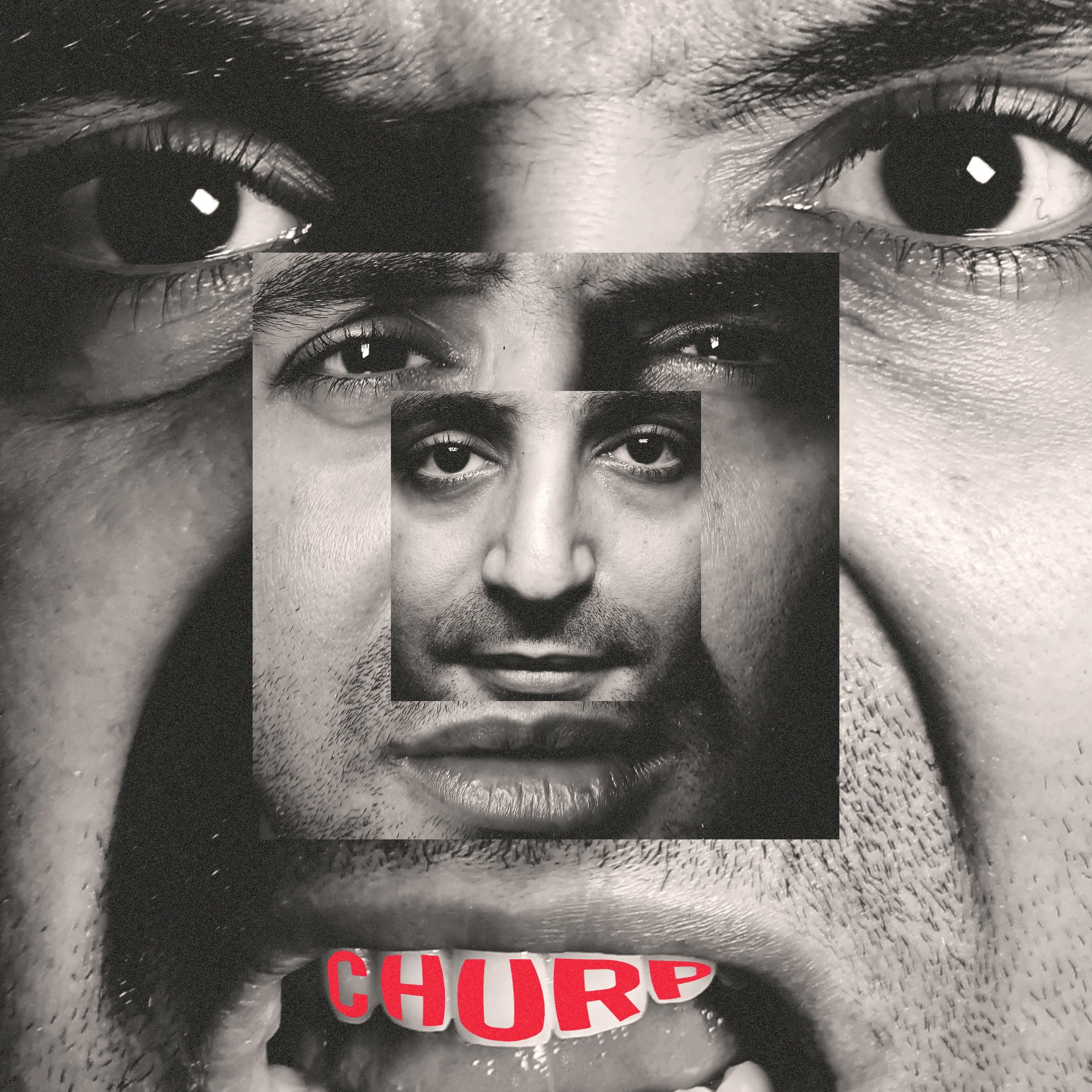 Close-up of a person's face with eyes closed, water droplets on skin, and a sticker with the words 'CHUPA' in red letters on lip.