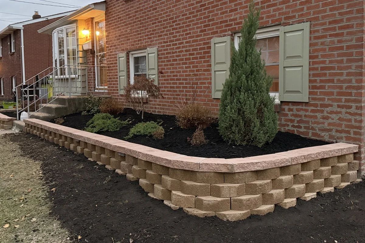 A side view of a front yard hardscaping and landscaping design and install in Bellmawr, NJ.