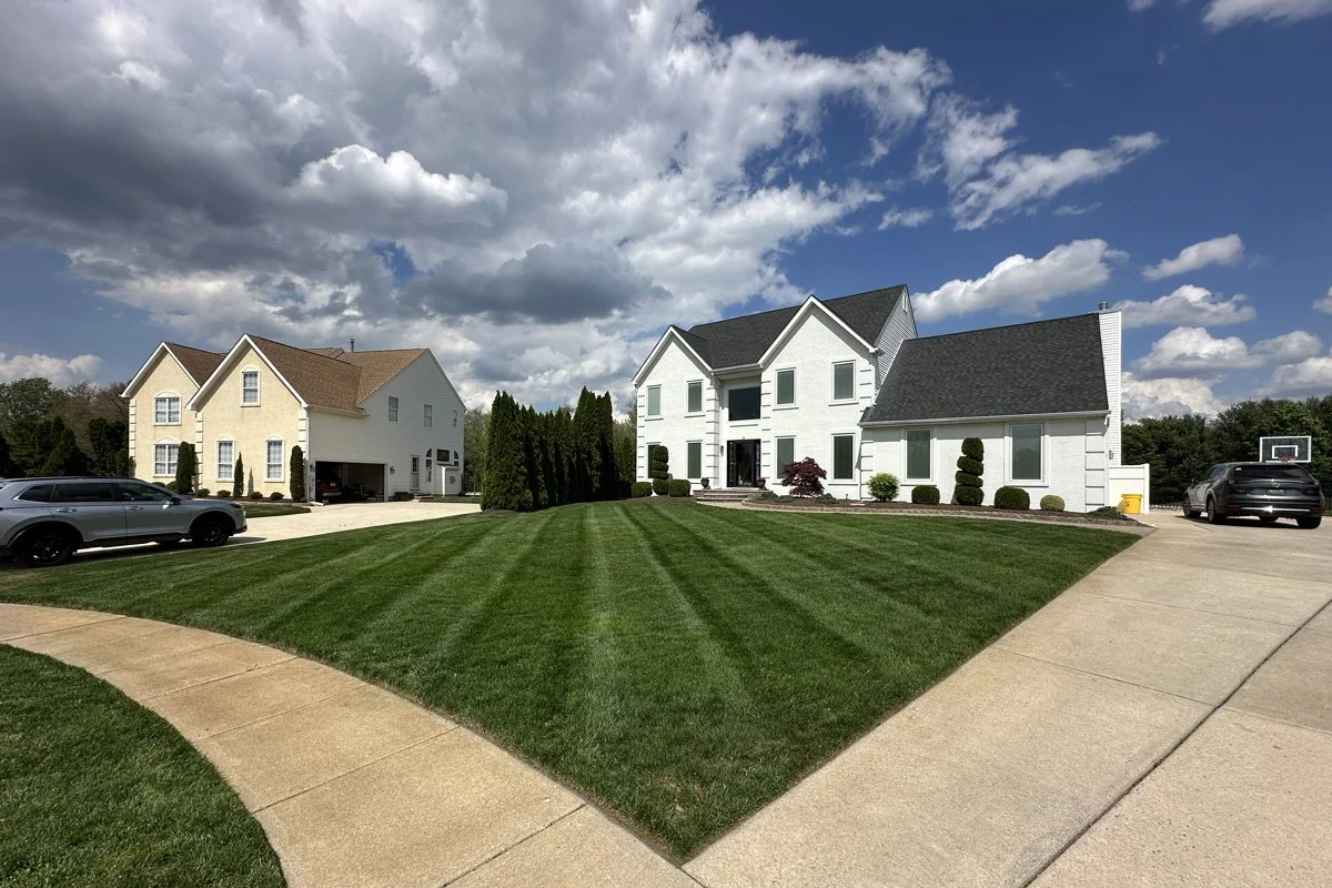 Perfect diagonal lawn mowing stripes on a lush front yard of a large white luxury estate house with a concrete driveway in Washington Township, NJ.