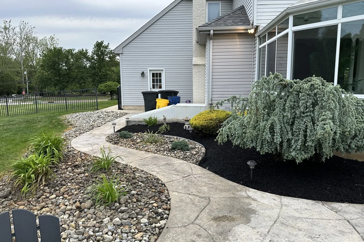 A beautifully designed stamped-concrete walkway flanked by river rock beds, fresh black mulch, and a large weeping blue atlas cedar tree next to a home sunroom.