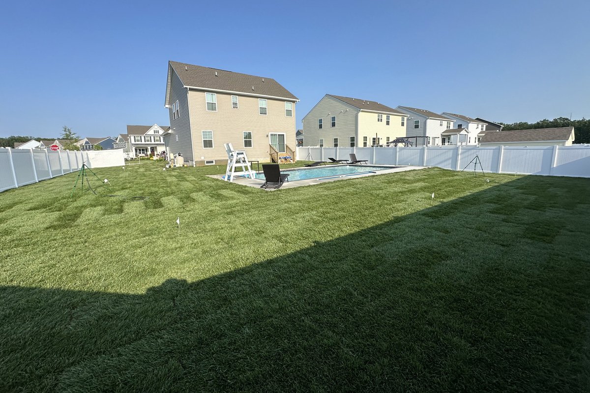 A massive backyard swimming pool area completely transformed with 7,000 square feet of fresh-cut, perfectly striped sod installed by JPL Landscaping.
