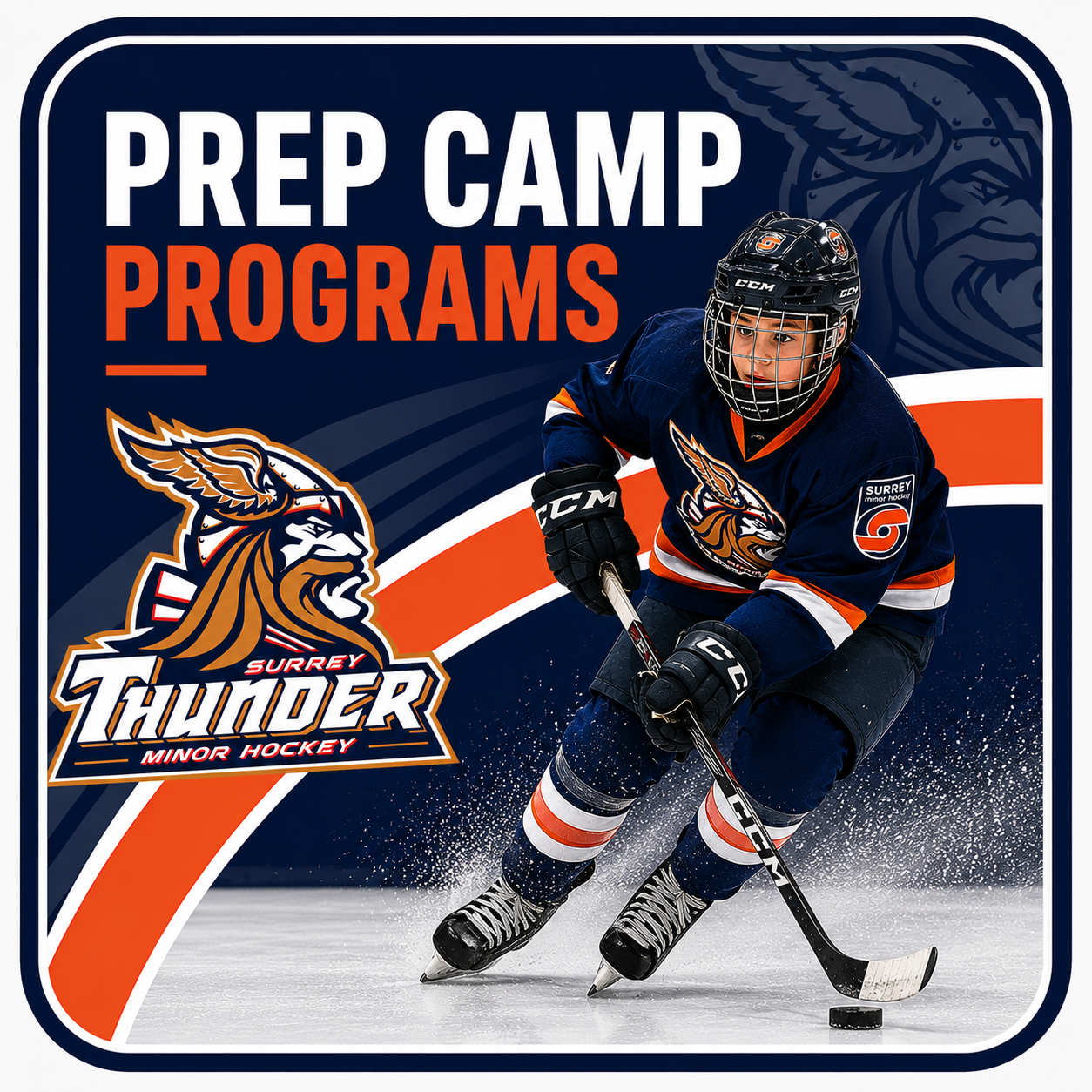 Promotional poster for Surrey Thunder minor hockey prep camp programs featuring a young hockey player skating with a puck, in a navy blue uniform with the team logo, on ice with a stylized Thunder logo and text overlay.
