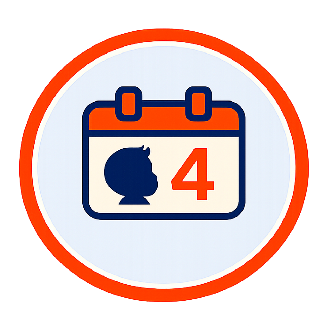 A circular sign with a red border showing a calendar icon, a silhouette of a child's profile, and the number 4, indicating a date or age.