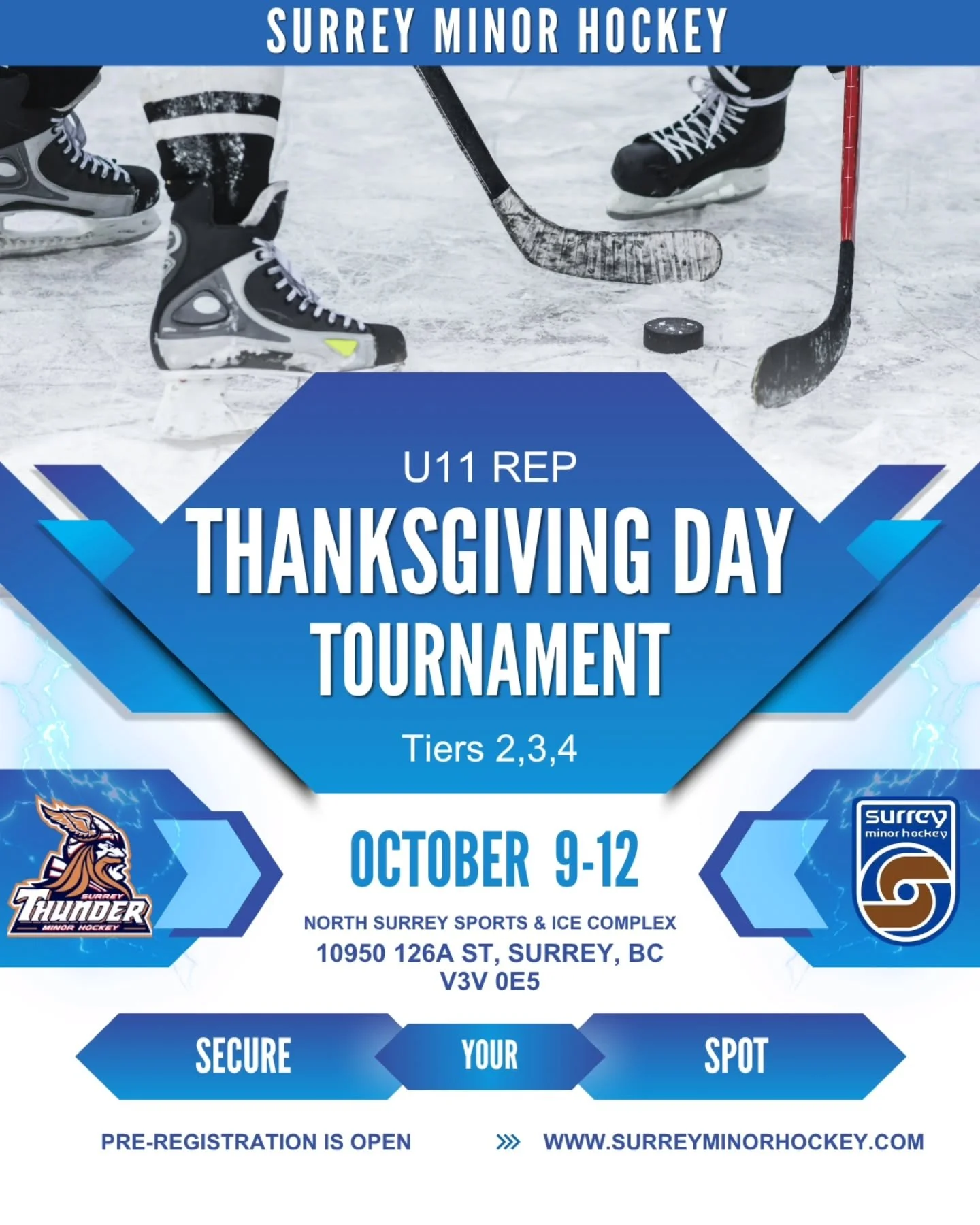 🏒 Surrey Minor Hockey U11 Rep Tournament 🏒

​Get ready for an incredible weekend of competitive youth hockey! We are excited to announce our upcoming U11 Rep Tournament, featuring Tier 2, 3, and 4 divisions.

​📅 Dates: October 9&ndash;12, 2026

📍