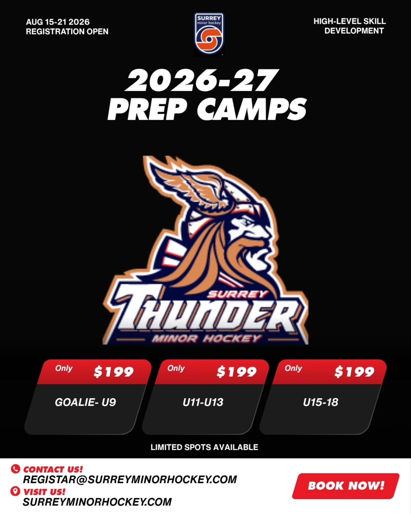 Surrey Minor Hockey is excited to announce that Prep Camp registration is now open for SMHA registered players!

Prep Camp Details: 

📅 August 17 to 21, 2026 ⛸️ 5 skates for only $199 🏒 Player sessions will be led by Harp Kalkat and the Goalie sess