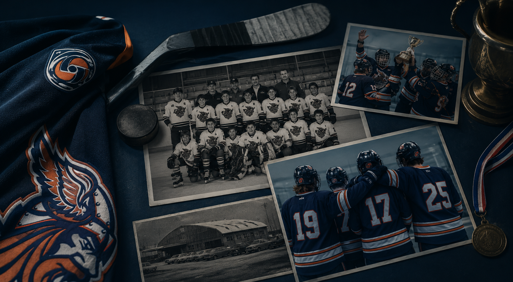 A collection of hockey memorabilia including team photos, medals, jerseys, a puck, and a trophy.