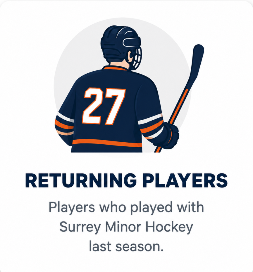 Illustration of a hockey player from the back wearing a jersey with the number 27, holding a hockey stick, promoting returning players who played with Surrey Minor Hockey last season.