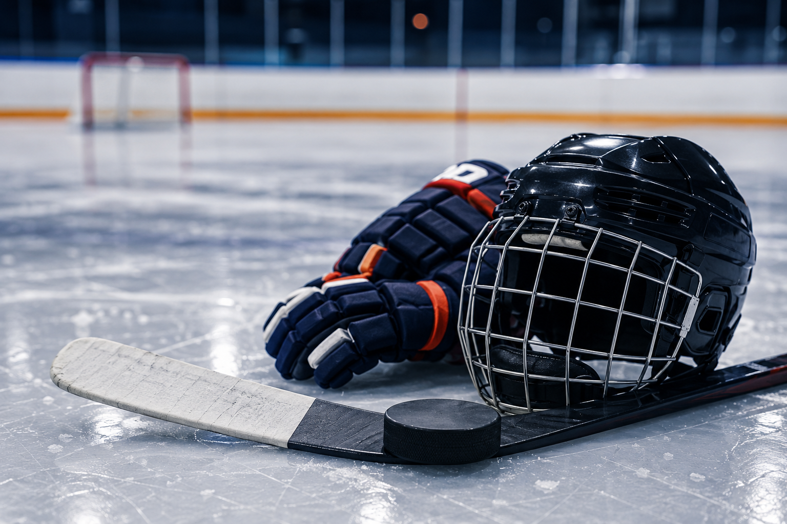 Hockey equipment on the ice, including a black helmet, a hockey stick, a puck, and gloves.