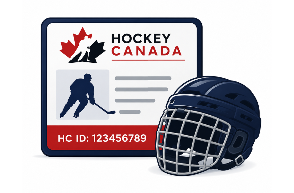 A hockey identification card for Canada with a silhouette of a hockey player, a maple leaf logo, and the HC ID number 123456789, alongside a navy blue hockey helmet with a face cage.