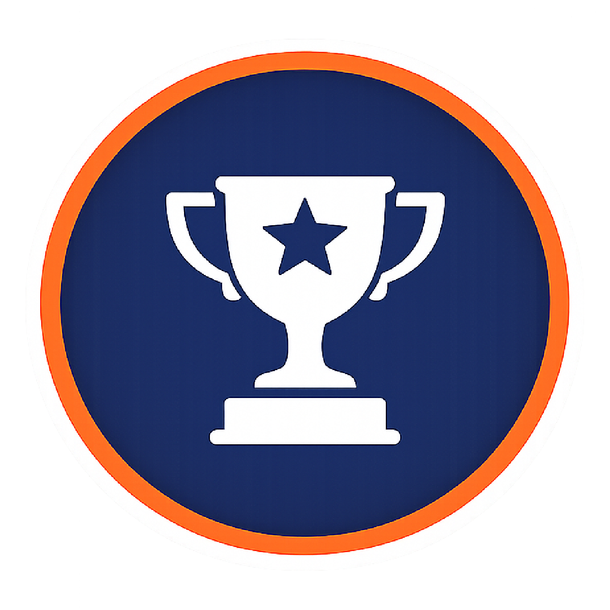 Circular icon with an orange and white border, blue background, white trophy with a star in the center.