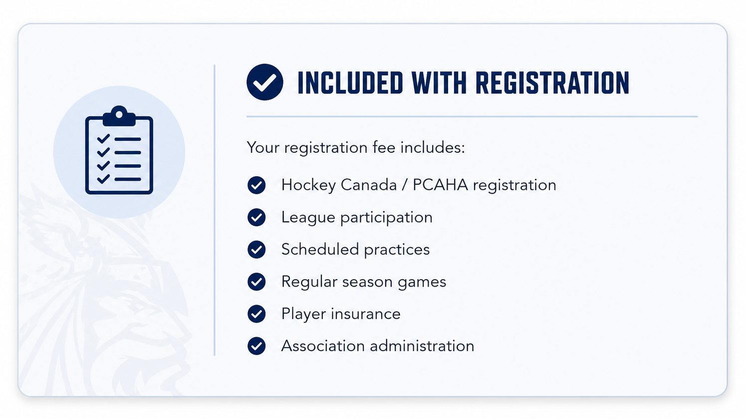 A registration confirmation screen for hockey registration, including Canadian hockey and league participation, scheduled practices, games, player insurance, and association administration, with a check mark indicating it is included with registration.