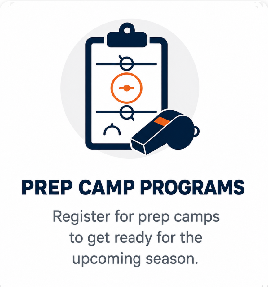 An illustration of a hockey puck and a hockey stick on a clipboard, with a hockey helmet in the foreground. Text reads "PREP CAMP PROGRAMS" and encourages registration for prep camps for the upcoming season.