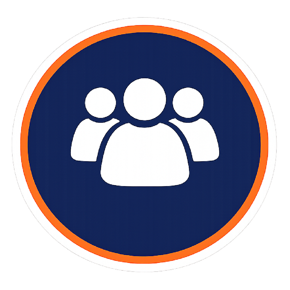 Sign with white silhouettes of three people on a blue background and an orange border.