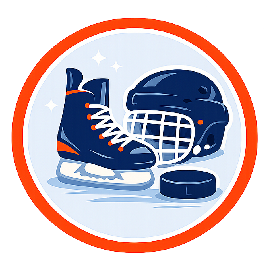 Ice hockey helmet, ice skate, hockey puck, and hockey stick inside a circular emblem with a red border.
