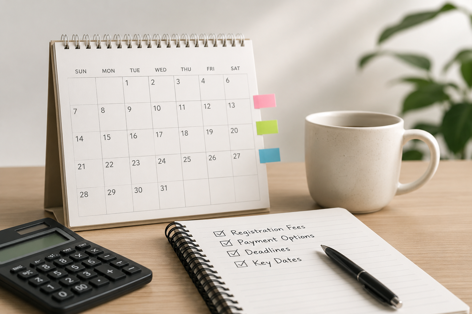A desk scene with a white desktop calendar, a black calculator, a spiral notepad with a checklist, a black pen, a white coffee mug, and a green plant in the background.