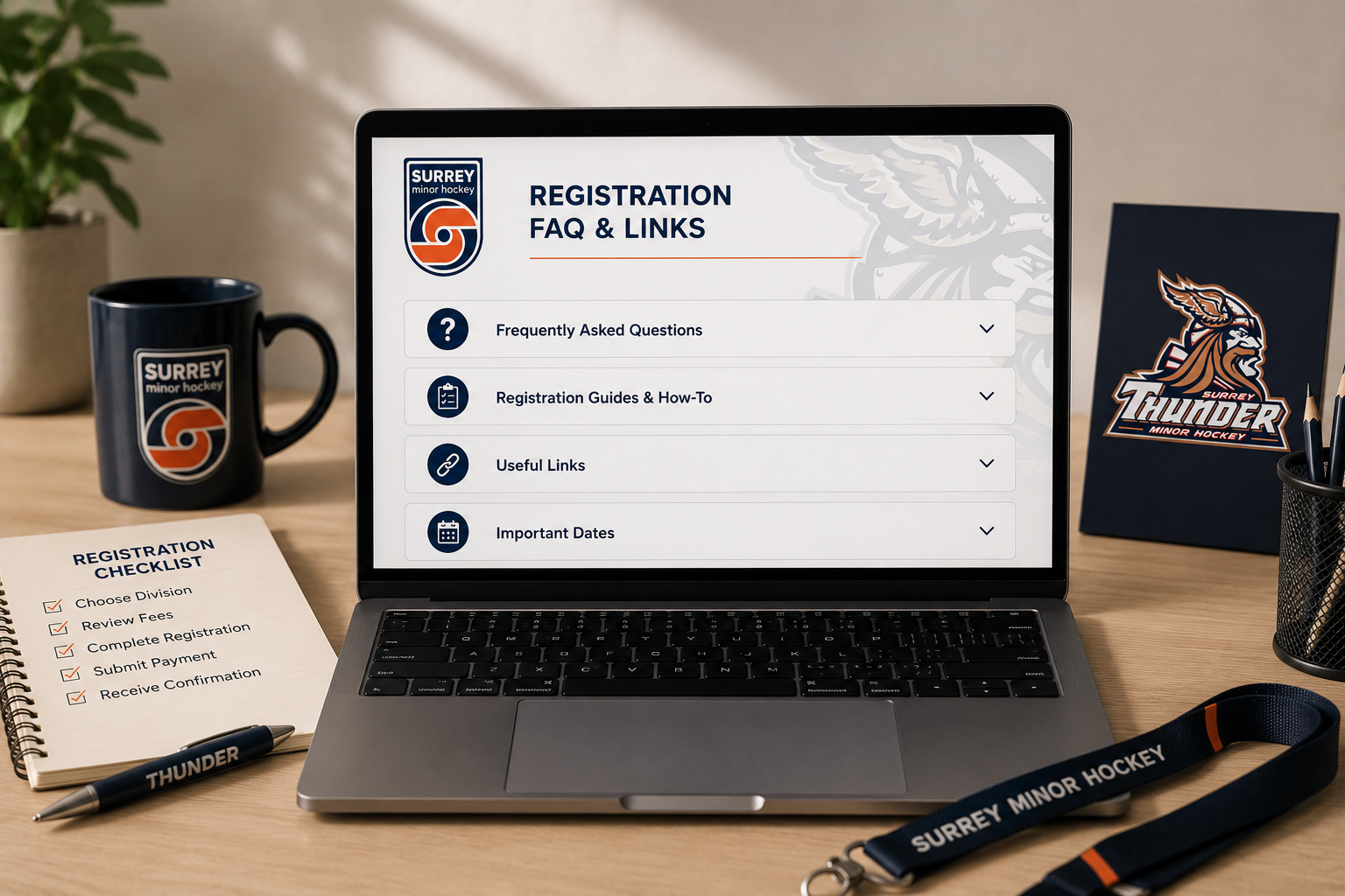 Laptop displaying Surrey Minor Hockey registration FAQ and links page on a desk with a Surrey Thunder minor hockey brochure, a Surrey Minor Hockey coffee mug, a registration checklist, a pen, a lanyard, and a potted plant in the background.
