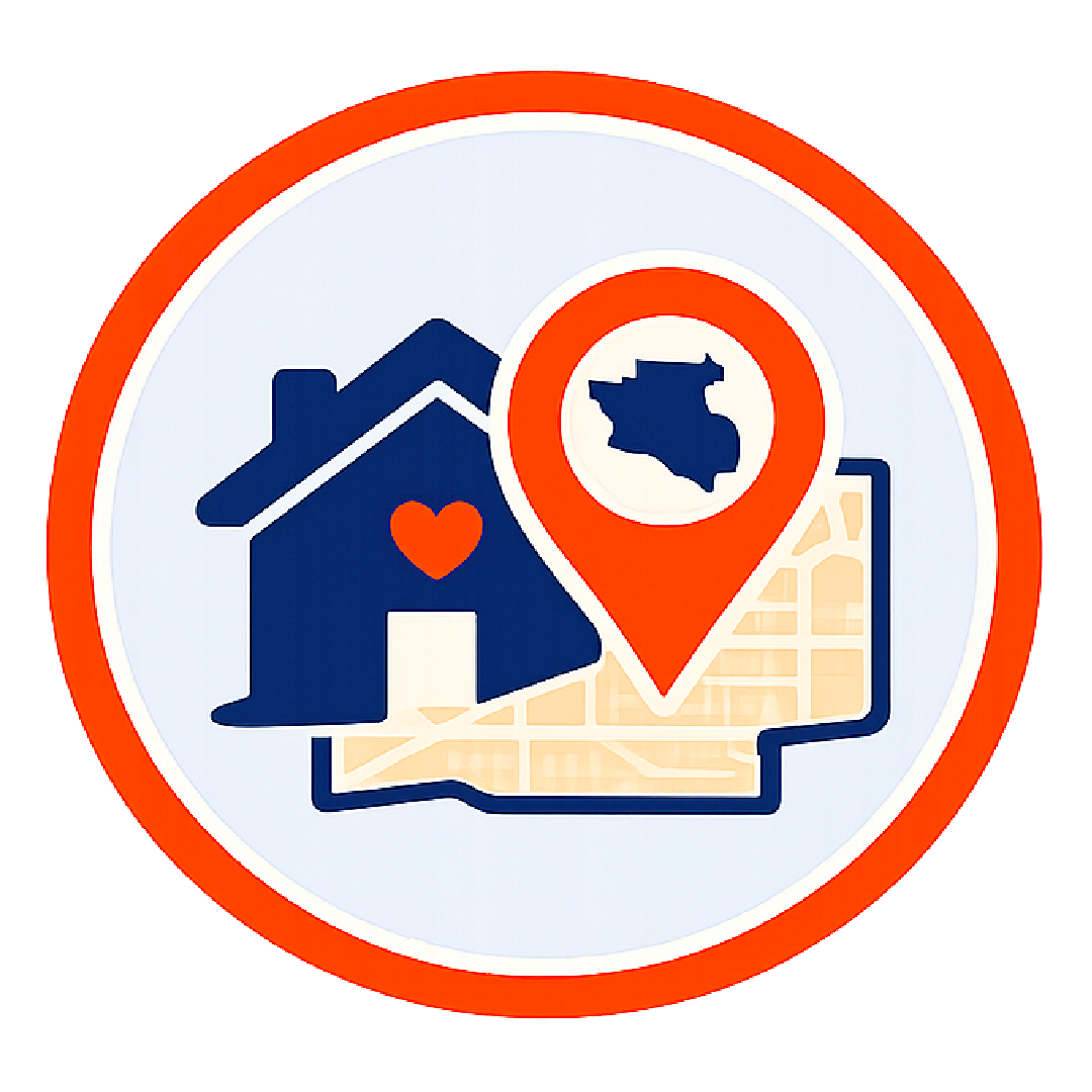 A logo featuring a dark blue house with a red heart and a white door, a map outline in the background, and a red location pin with the outline of a state inside, representing real estate or home location in a specific region.