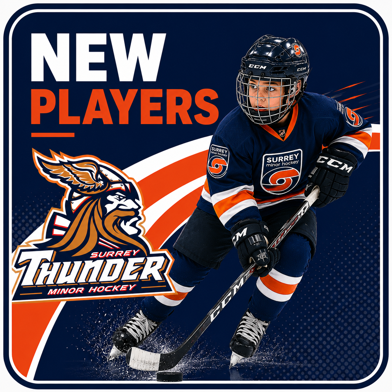 Poster showcasing new players for the Surrey Thunder minor hockey team, featuring a young ice hockey player in full gear and the team's logo with a thunderbolt and lion head.